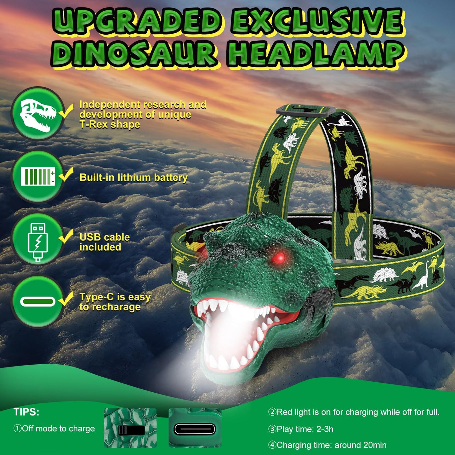 Nitigo Dinosaur Headlamp for Kids Flashlight Rechargeable Led Headlights Roar & Silent Mode, T-Rex Dinosaur Toys, Camping Gear, Gifts for Boys Girls Adults