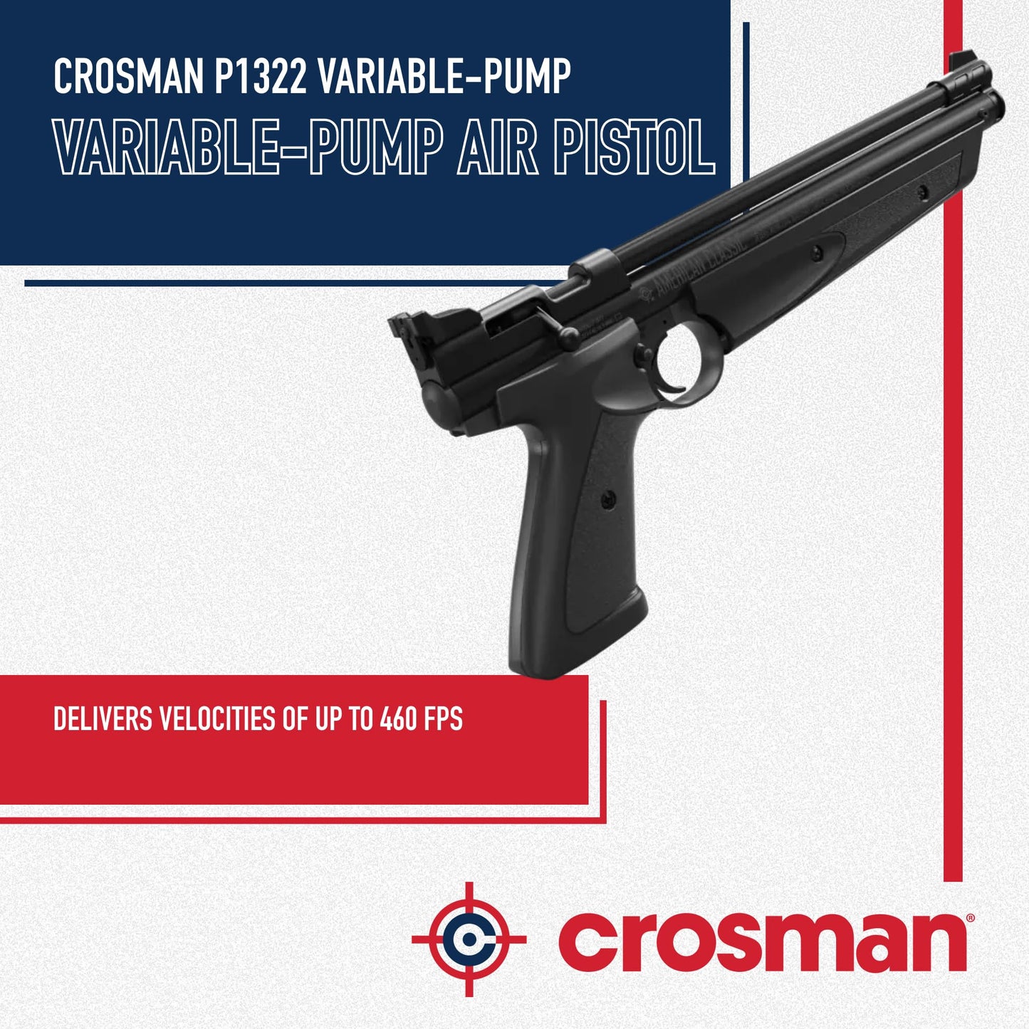 Crosman P1322 American Classic Variable Pump .22-Caliber Pellet Air Pistol - Single Shot Bolt Action - 460 FPS - Black