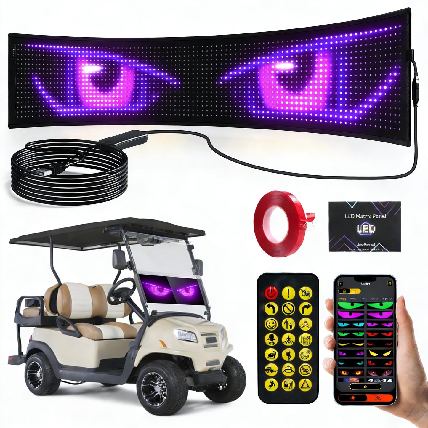 Golf Cart Multiple Devil Eyes Light Sign, 23.42"x4.72" Programmable LED Display for Windshield with App Control, DIY Pattern Trucks Suvs Flexible Screen LED Lights for Festivals Decoration