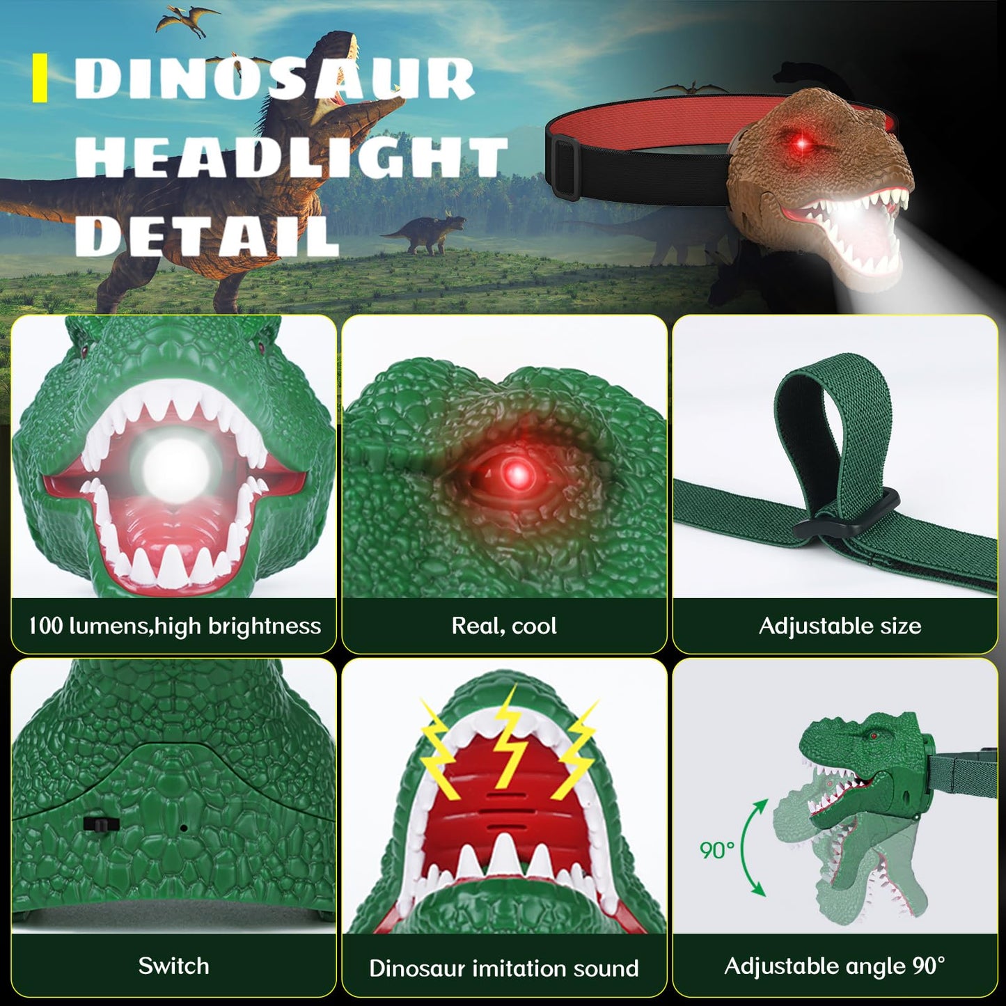 Dysaim Dinosaur Headlamp for Kids Flashlight Outdoor Camping Gear LED Reading Head lamp, Hiking Accessories Headlight for Kids or Adults, Dinosaur Toys HeadLamps Ideal Gift for Birthday, Xmas