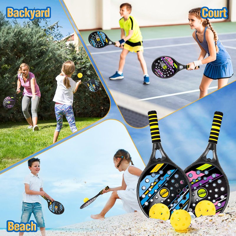 Kids Beach Pickle Ball Set - Waterproof Tennis Racket with Air Hole Beach Toys for Kids and Adults Family, 2 Set of Beach Tennis Paddle with 3 Pack Premium Pickleball Balls Gifts for Girls Boys