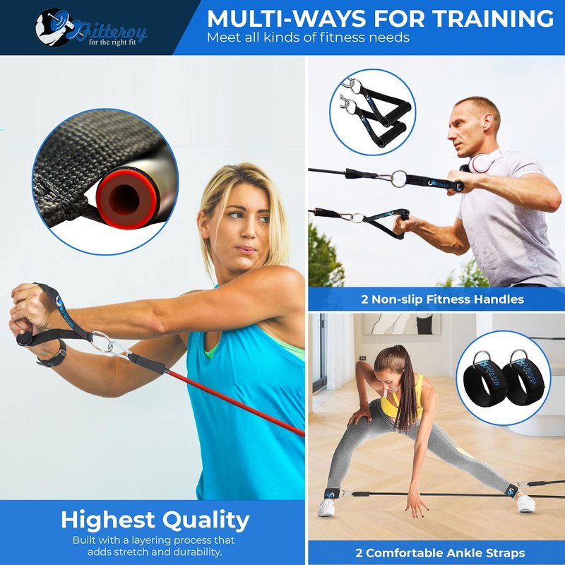 Fitteroy Home Gym Workout Bands - Resistance Band Weight Set Includes 5 Stackable Tension Bands, Premium Exercise Handles, Ankle Straps, Door Anchor and Carry Bag for Exercise & Physical Therapy