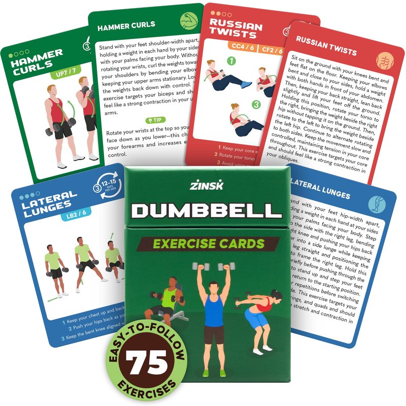 75 Dumbbell Workout Cards – 3.5” x 2.5” Full Body Weight Training Exercise Deck – At-Home Fitness Guide for Men and Women – Get Stronger With 12 Pre-Made Strength Workouts