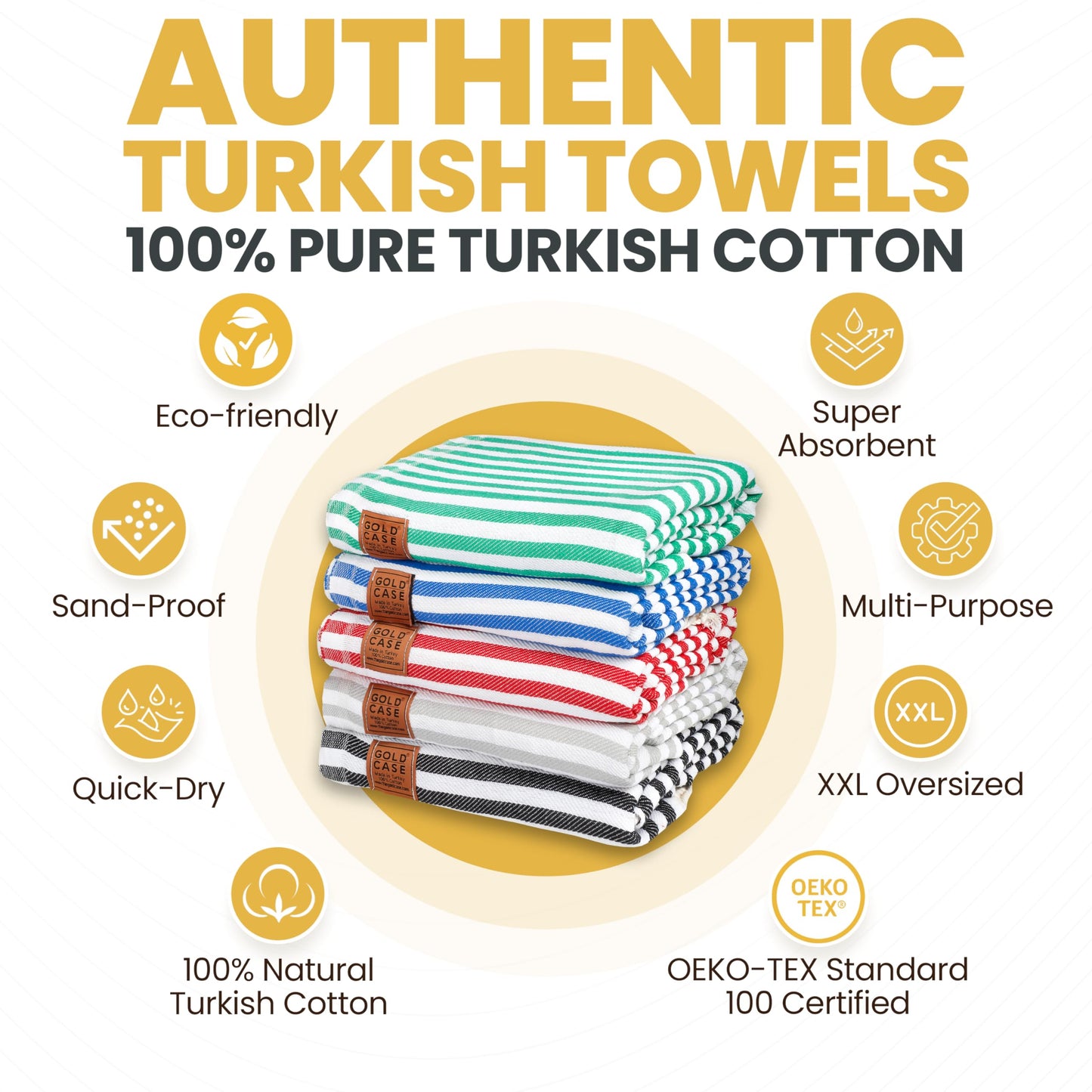 Gold CASE Turkish Beach Towel Set of 5 – 100% Cotton Beach Towels Oversized 70x38'' – MYRA Quick Dry Swim Towel – Lightweight Turkish Towels Set in Multi Color