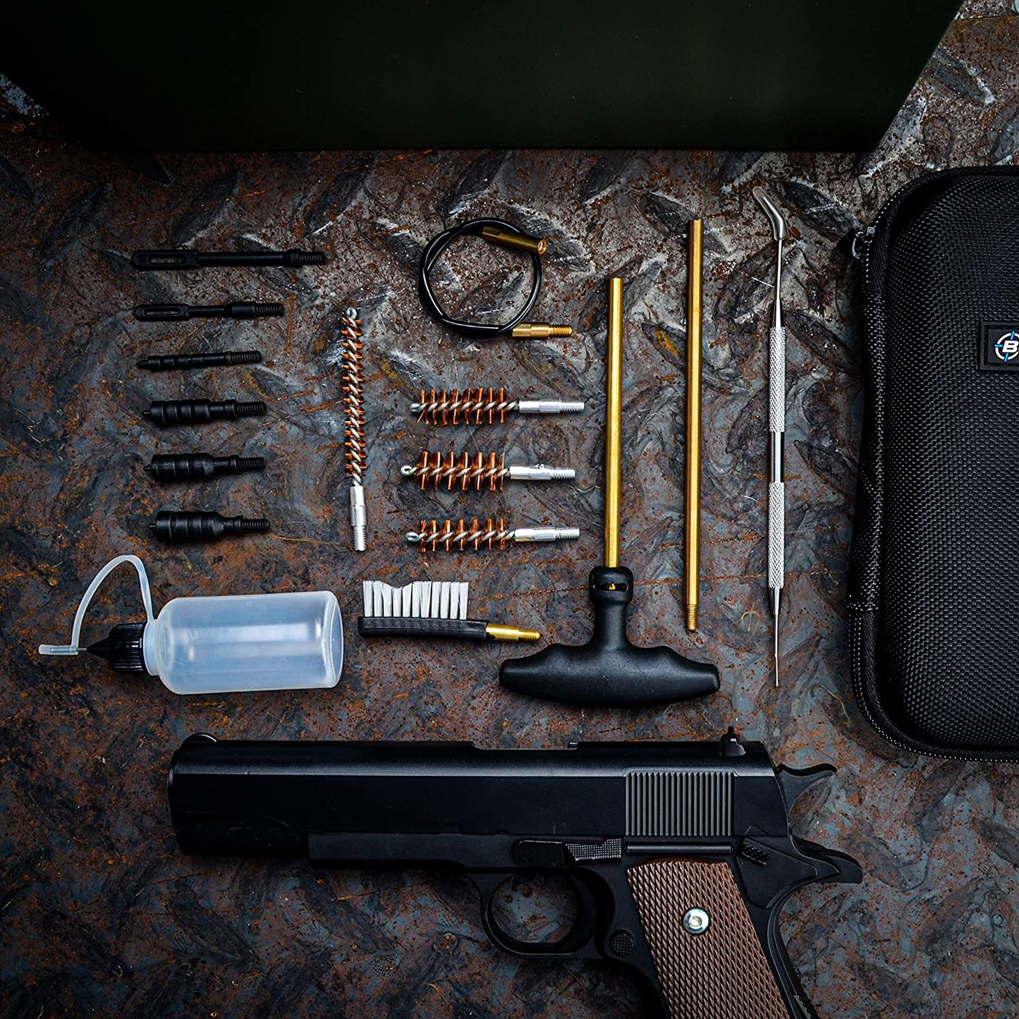 BOOSTEADY Universal Handgun Cleaning kit .22.357/.38/9mm.45 Caliber Pistol Cleaning Kit Brush Jag with Flexible Coated Cable and Empty Bottle in Zippered Case
