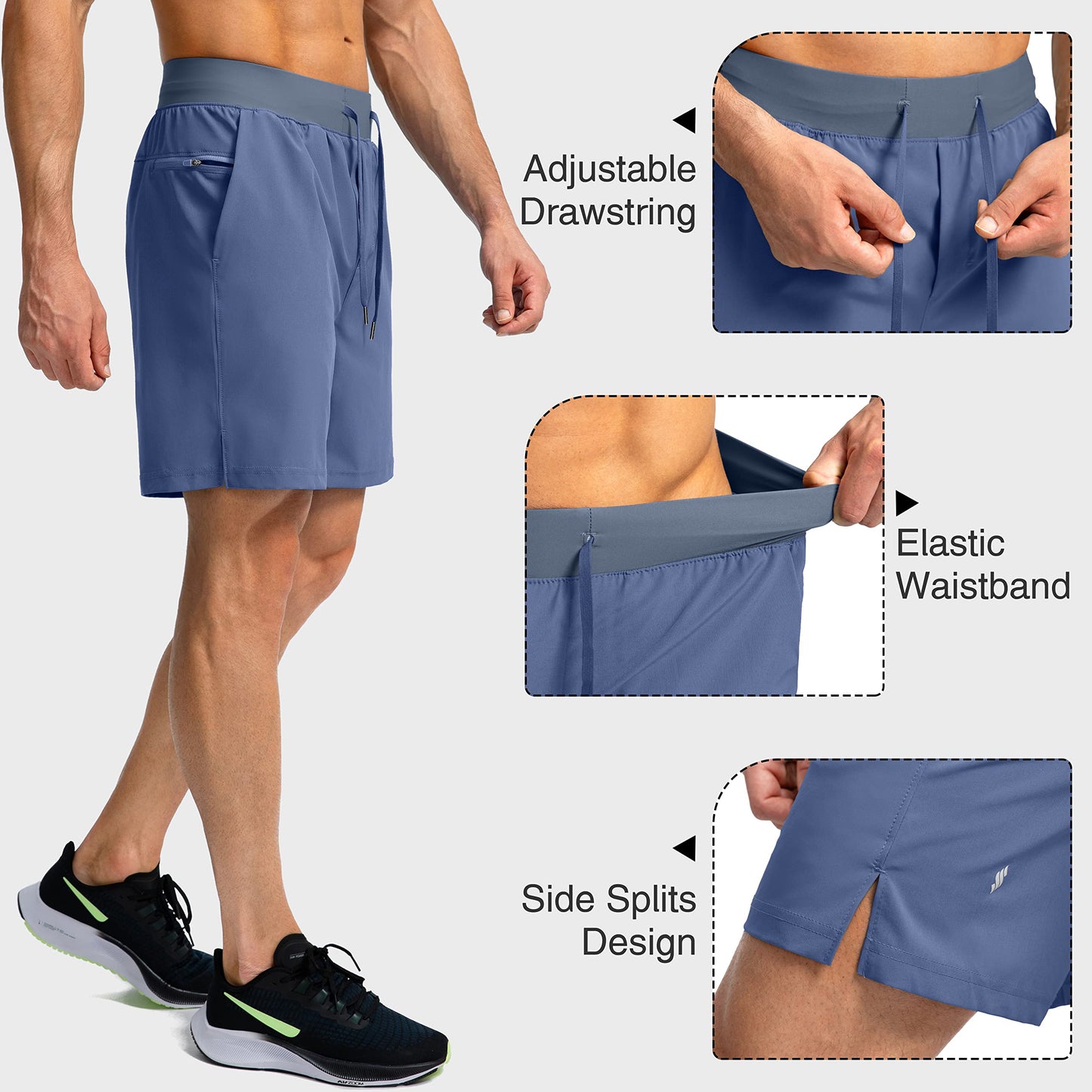 Soothfeel Men's Running Shorts with Zipper Pockets 7 Inch Lightweight Quick Dry Gym Athletic Workout Shorts for Men (Blue, XL)