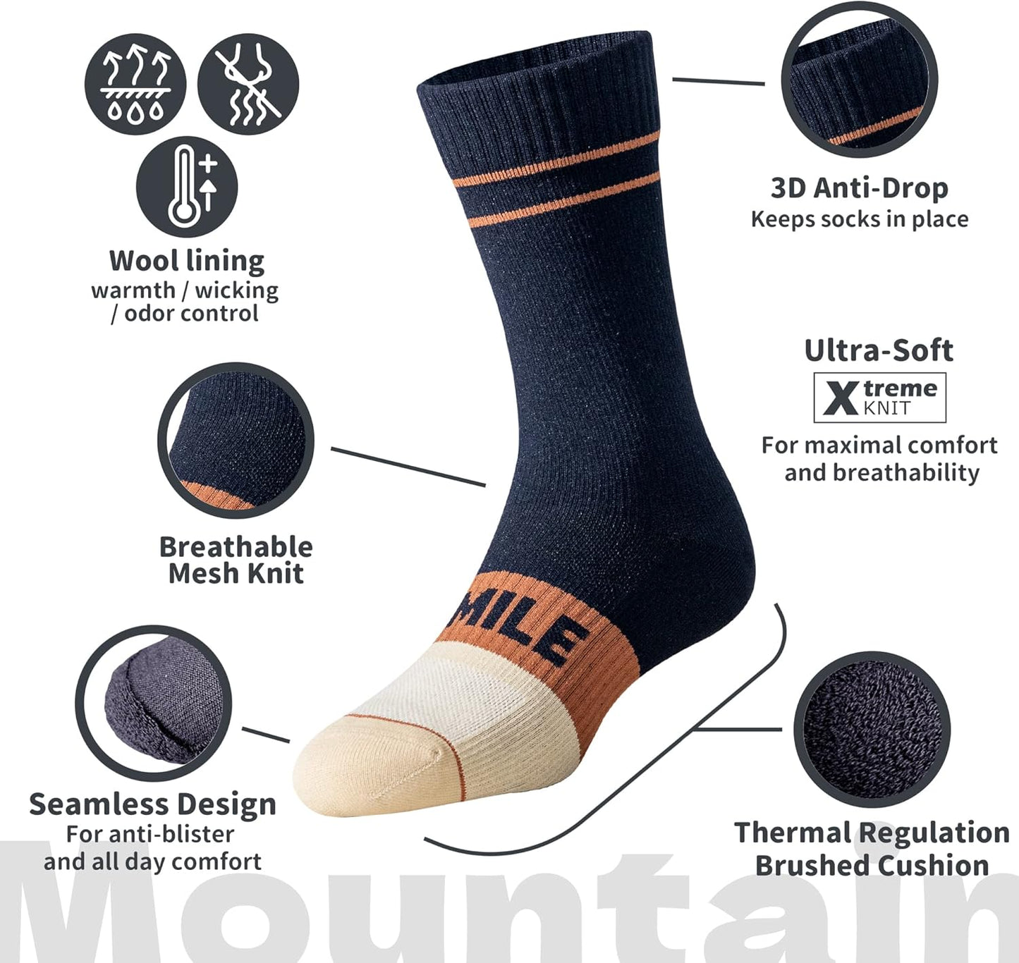 Mountain Waterproof Wool Socks - Breathable Cushioned Hiking & Skiing Crew Socks | Ideal for Winter Activities