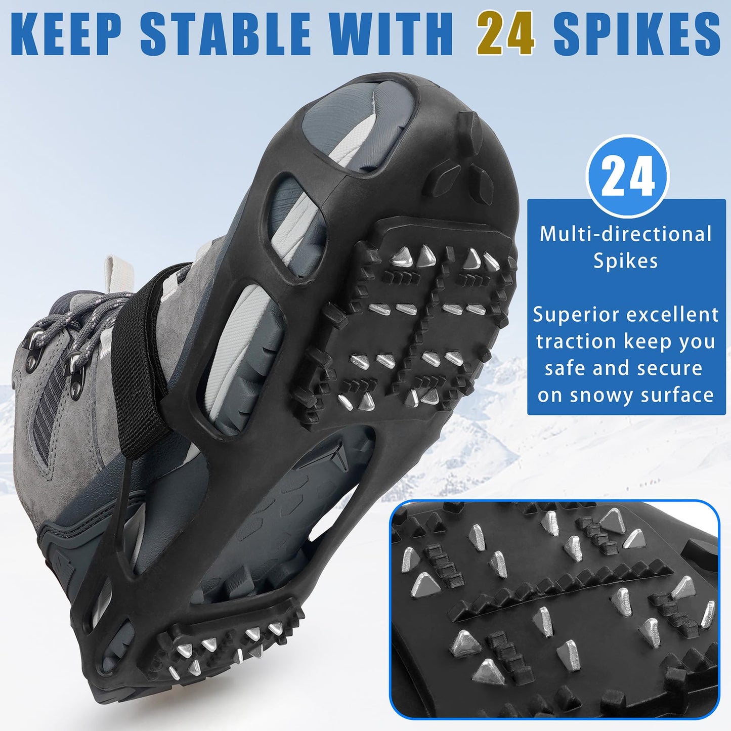 Ice Cleats, Crampons Snow Traction Ice Cleats for Shoes and Boots Women Men, Non Slip Grippers Spikes for Shoes with Straps, Slip-on Rubber Overshoe Stretch Footwear for Winter Walking Hiking Fishing
