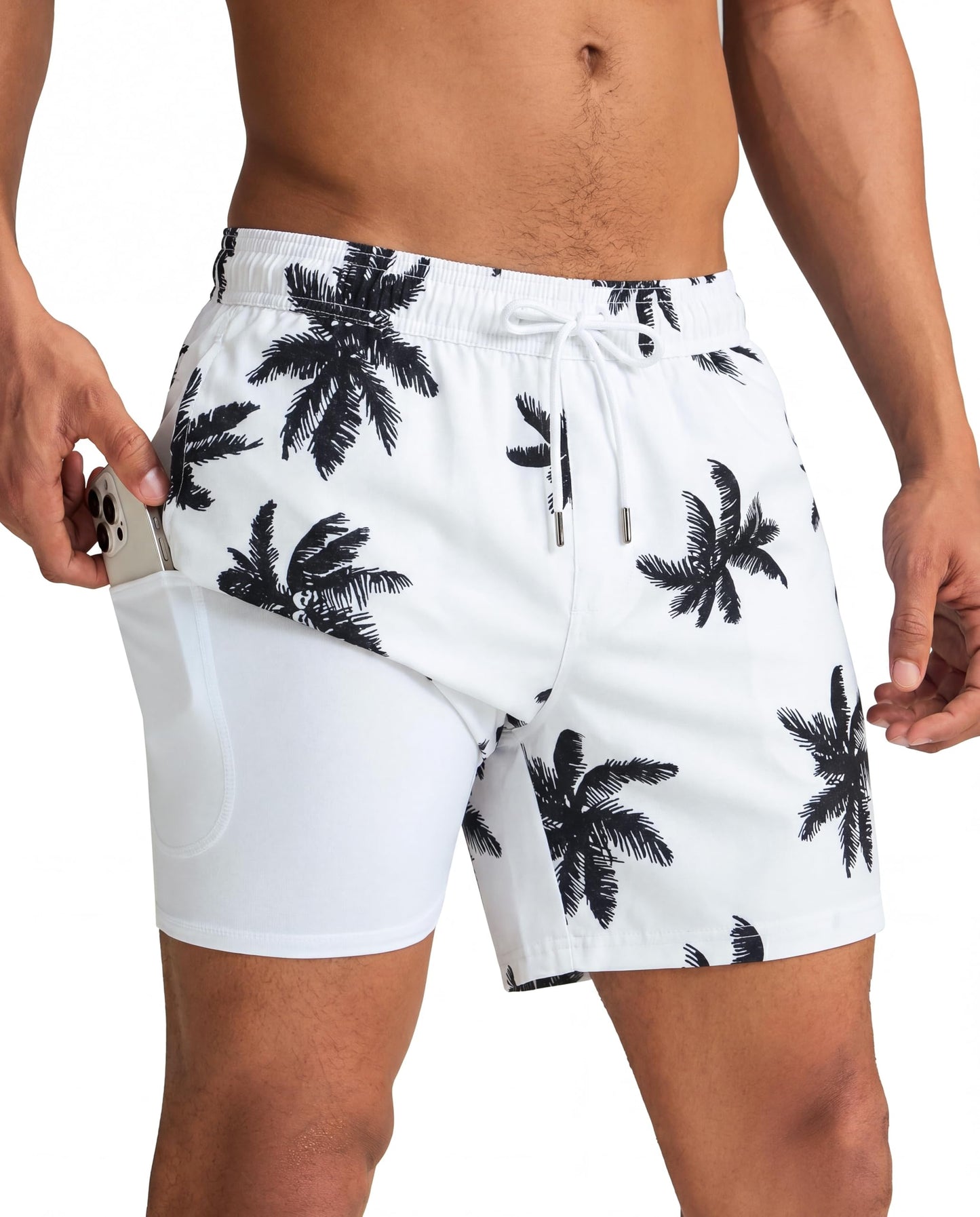 maamgic Mens Swim Trunks with Compression Liner 5 Inch, Quick Dry Bathing Suit with Zipper Pockets, Stretch No-Chafing Swim Shorts, White-Palm Tree XX-Large