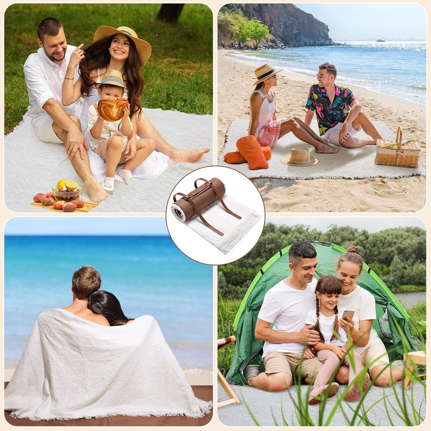 Waterproof Picnic Blanket - 71x71 Inch Foldable Outdoor Mat | Double Layer Sandproof Beach Blanket with Carry Strap (White)