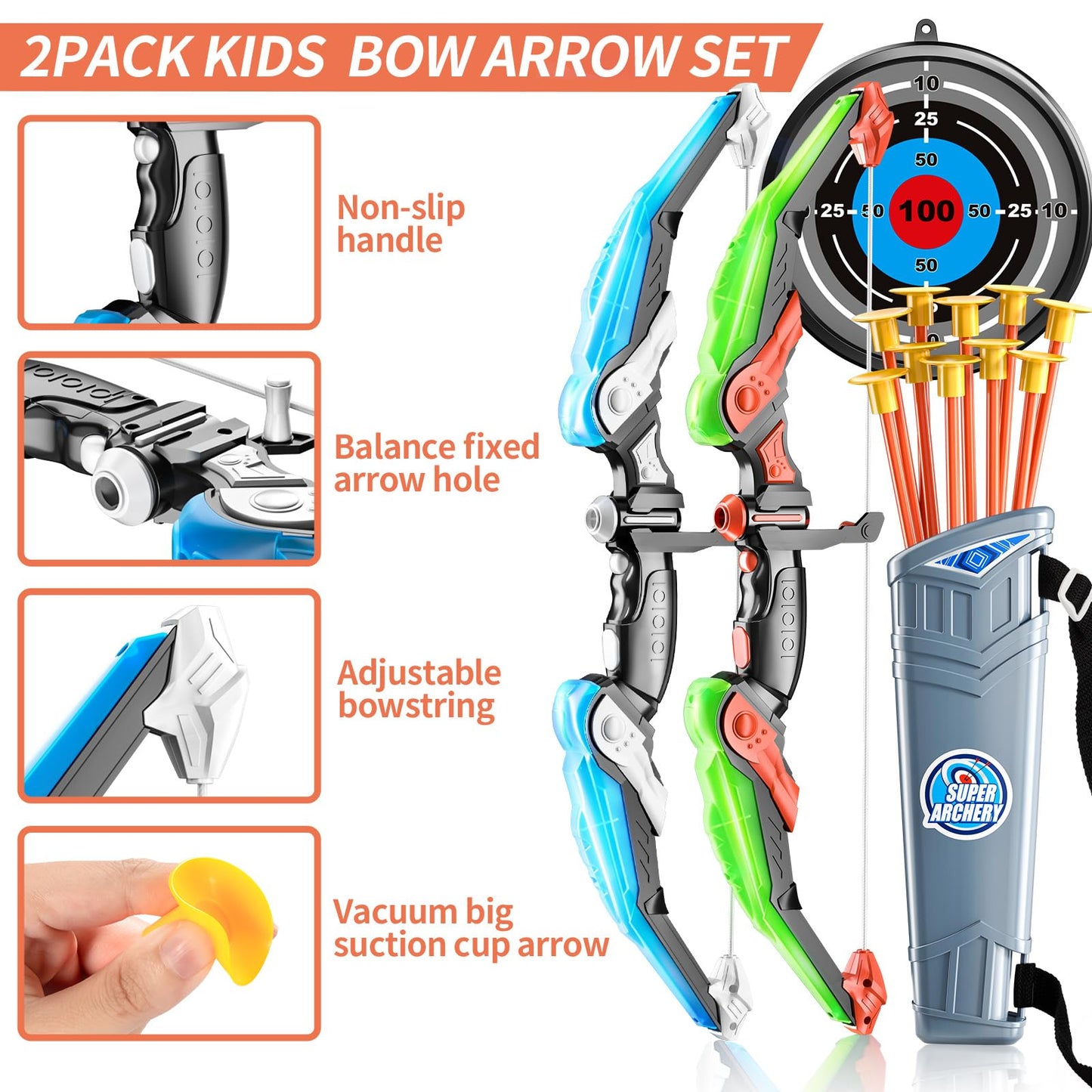 2 Pack Set Bow and Arrow Archery Toy for Kids, LED Light Up with 20 Suction Cup Arrows Target & Quiver, Outdoor Toys Kids Boys Girls Ages 3-12 Years Old