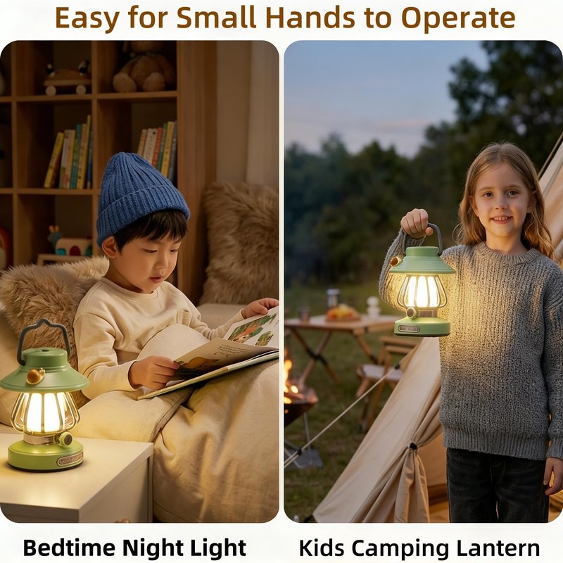 Kids Lantern with 3 Color Light & USB-C Rechargeable, Dimmable Camping Night Light for Children, Safe & Durable ABS Plastic Toddler Flashlight for Bedroom, Tent, Spring Camping Gear for Kids (Green)