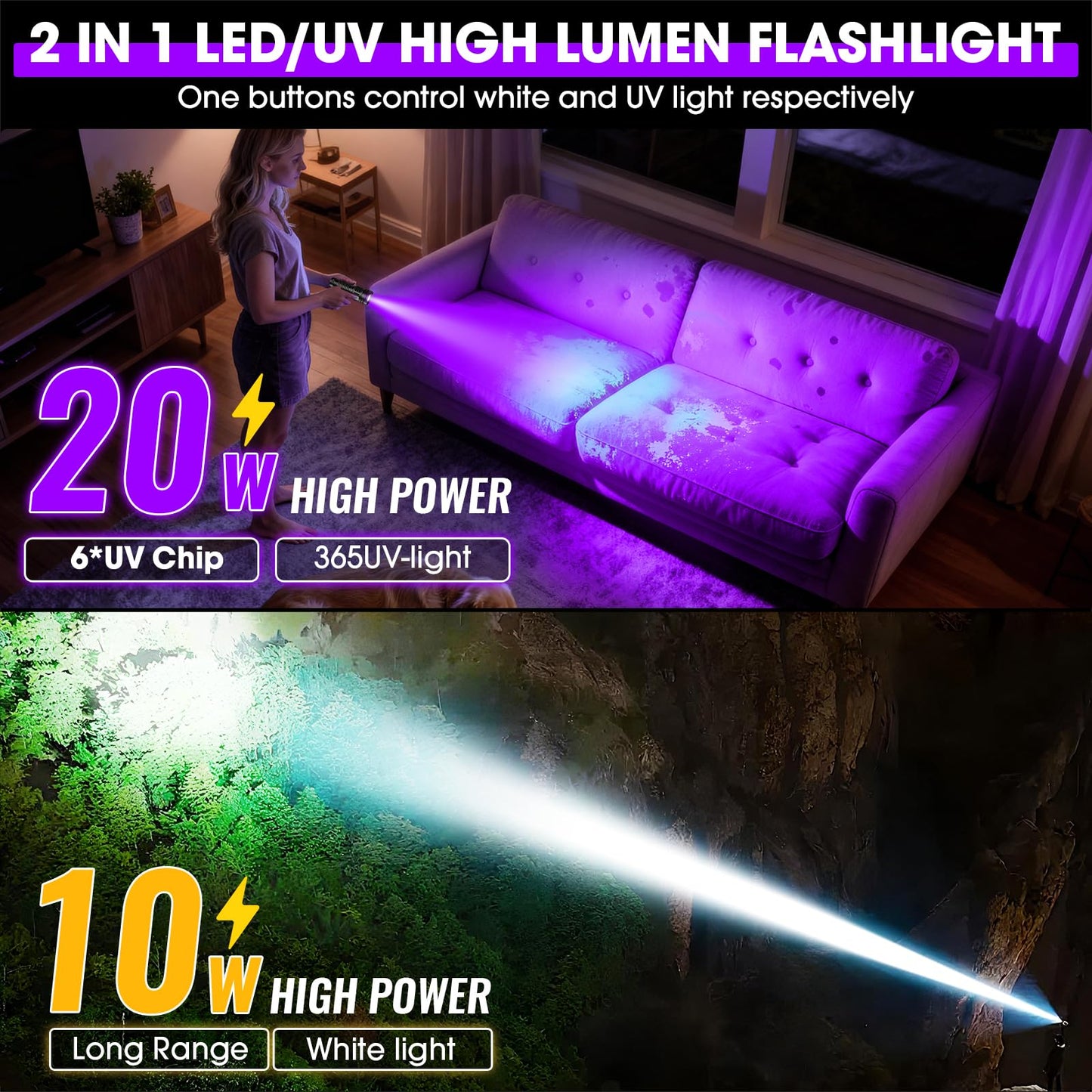 2-in-1 Powerful Blacklight LED Flashlight - UV&High Lumens Tactical Rechargeable Flash Light, 7 Modes, 18H Long Lasting, Super Bright Waterproof Detector for Pet Urine Curing Resin Camping Emergencies