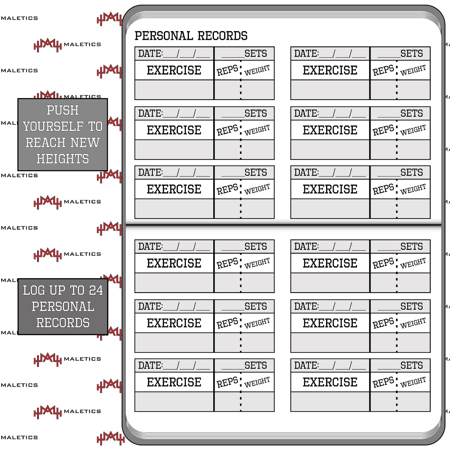 MaLetics – A6 Pocket Fitness Journal – Set 15 Goals, Track 93 Workouts, Measure Progress & Log 24 Personal Records – Sweatproof Design, Daily Planner & Exercise Log Book For Men & Women - Black