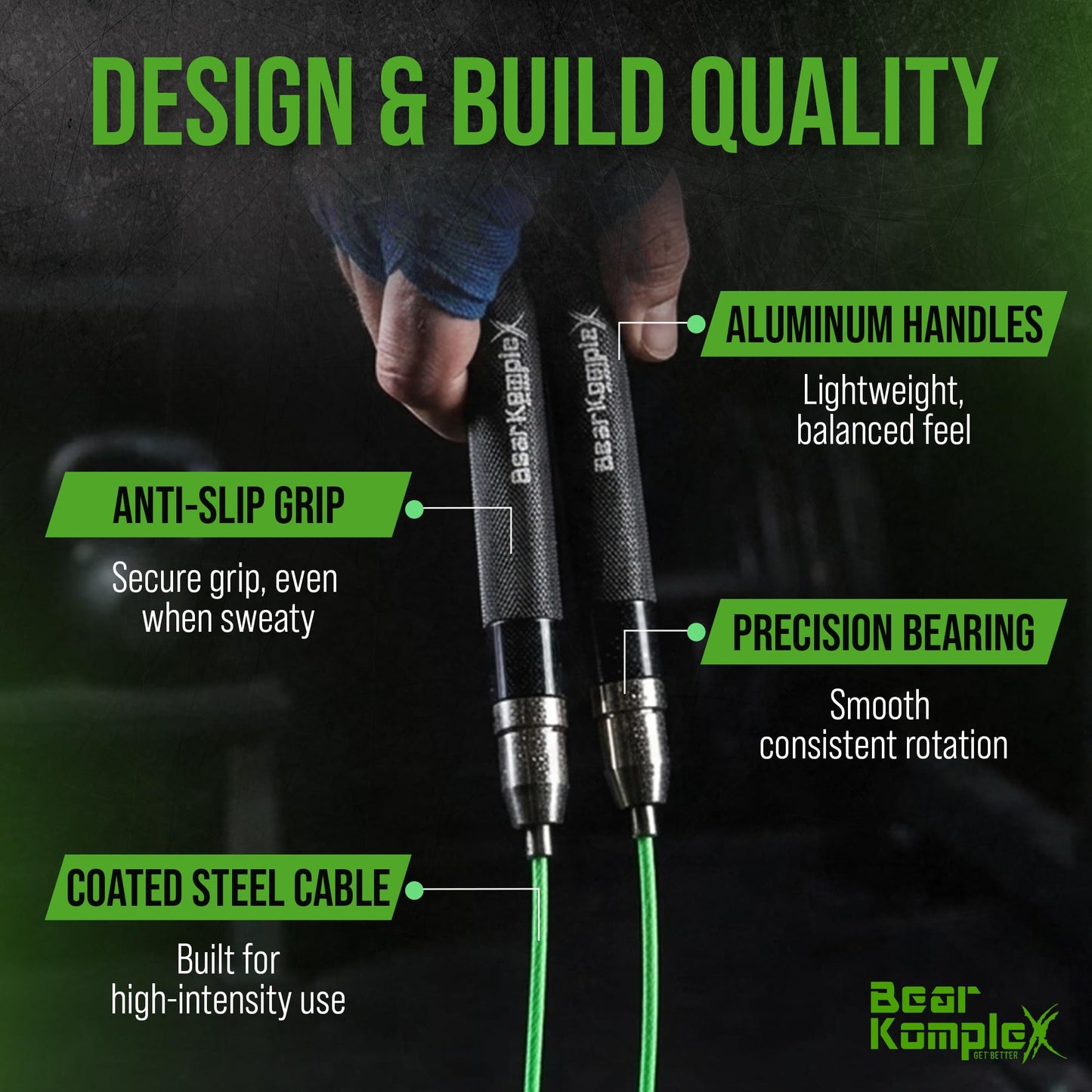 Bear KompleX - Speed Jump Rope - Adjustable Cross Training Boxing Fitness, Tangle-Free Skipping Rope Steel Cable 360° Swivel Bearings, Lightweight Aluminum Handles - Professional Size, Black Ice Color