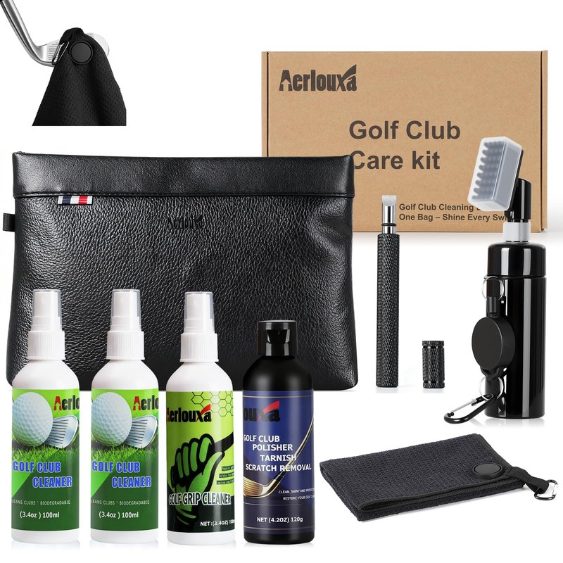 7-in-1 Golf Club Cleaning Kit - Club Cleaner, Grip Cleaner, Polish, Water-Spray Brush, Groove Cleaner, Magnetic Towel & Portable Bag | Restores Clubs, Removes Rust/Scratches, Renews Tackiness