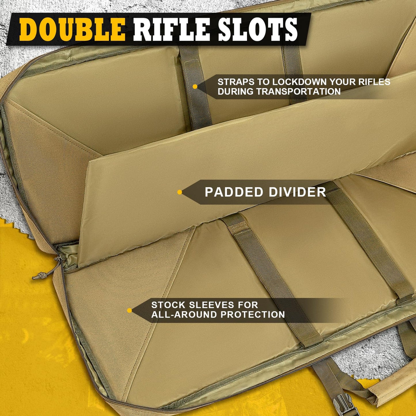 DULCE DOM Double Rifle Case, Soft Tactical Backpack for Hunting Shooting Range, Dual Storage Gun Bag for 2 Rifles & Pistols with Lockable Zippers & MOLLE System(Khaki, 42", Stowaway Backpack Straps)