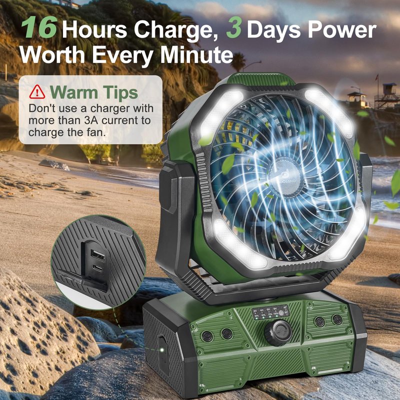 Odoland 40000mAh Camping Fan with LED Light, Battery Operated Oscillating Desk Fan with Remote & Hook, Rechargeable Outdoor Tent Fan with Timer for Hurricane Power Outage Travel Jobsite RV, Green