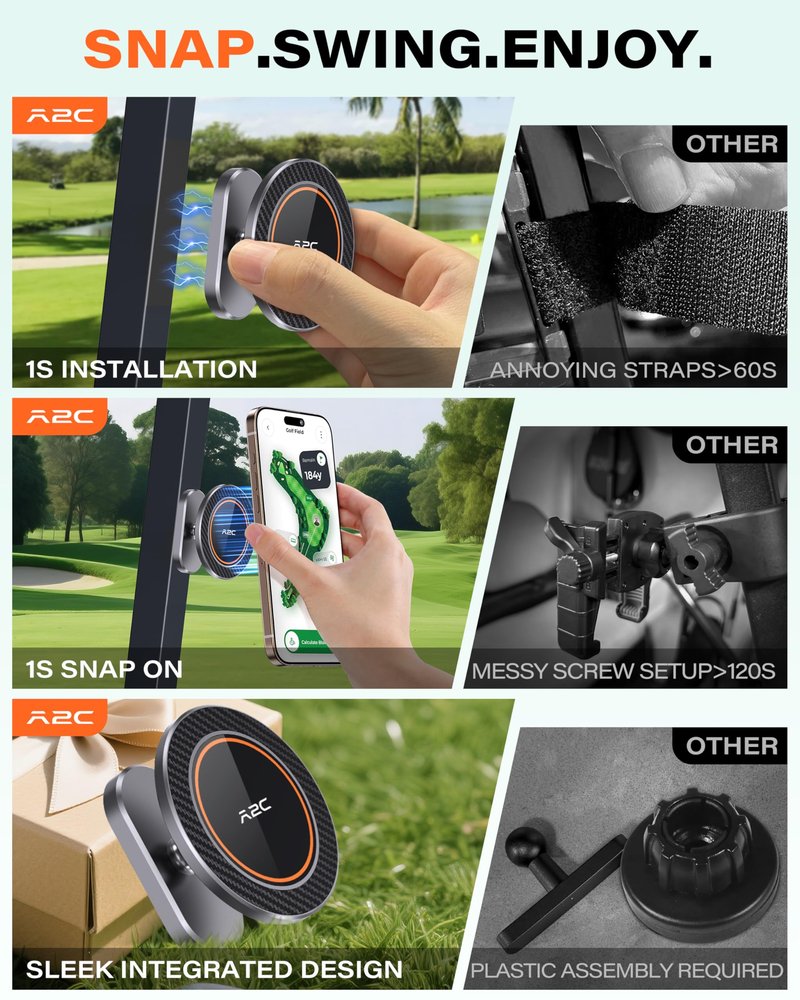 A2C Alloy Magnetic Golf Cart Phone Holder for MagSafe iPhone, Unique Fathers Day Golf Gifts for Men Dad Him Husband Ladies Her Golfers, Golf Accessories Essentials Gadgets Fits EZGO, Club Car, Yamaha