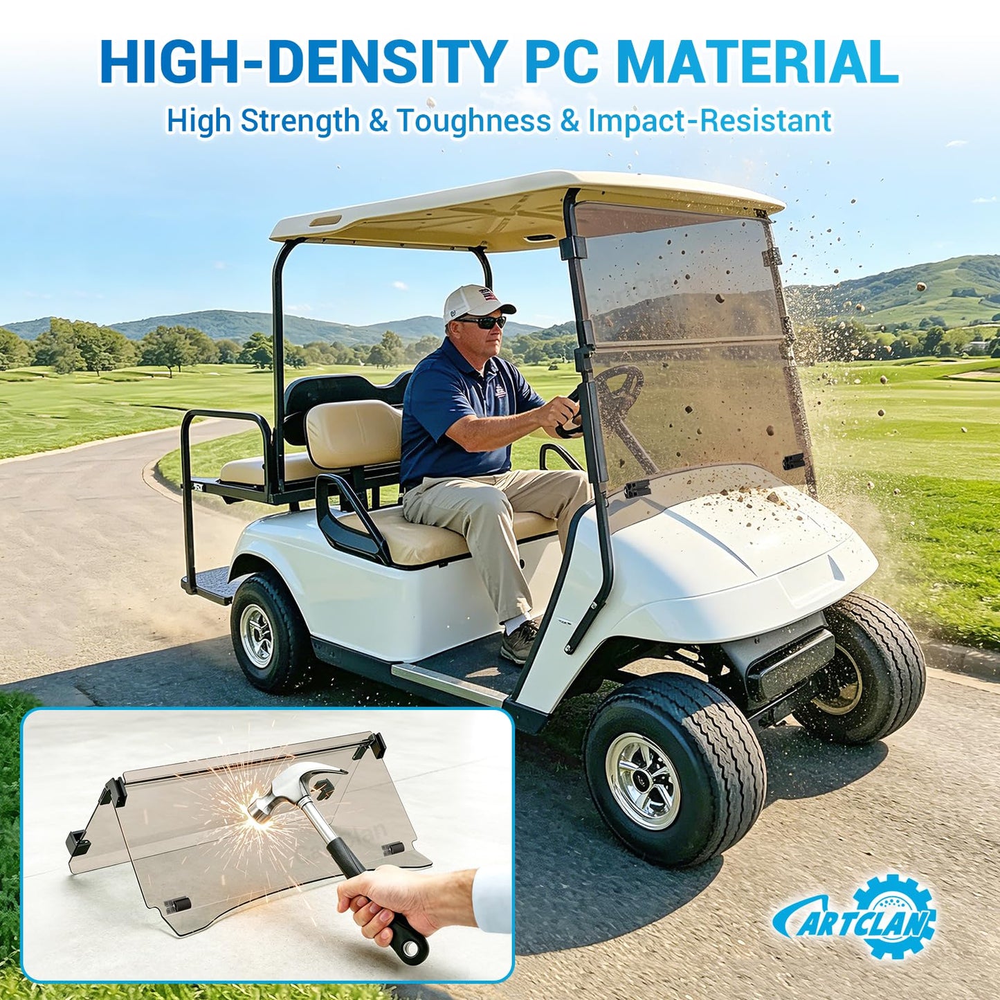 CartClan EZGO Golf Cart Windshield, Foldable EZGO Tinted Windshield for 1995-2013 EZGO TXT, PDS, DCS Golf Carts, UV and Impact Resistant, PC Golf Cart Windshield with Clips