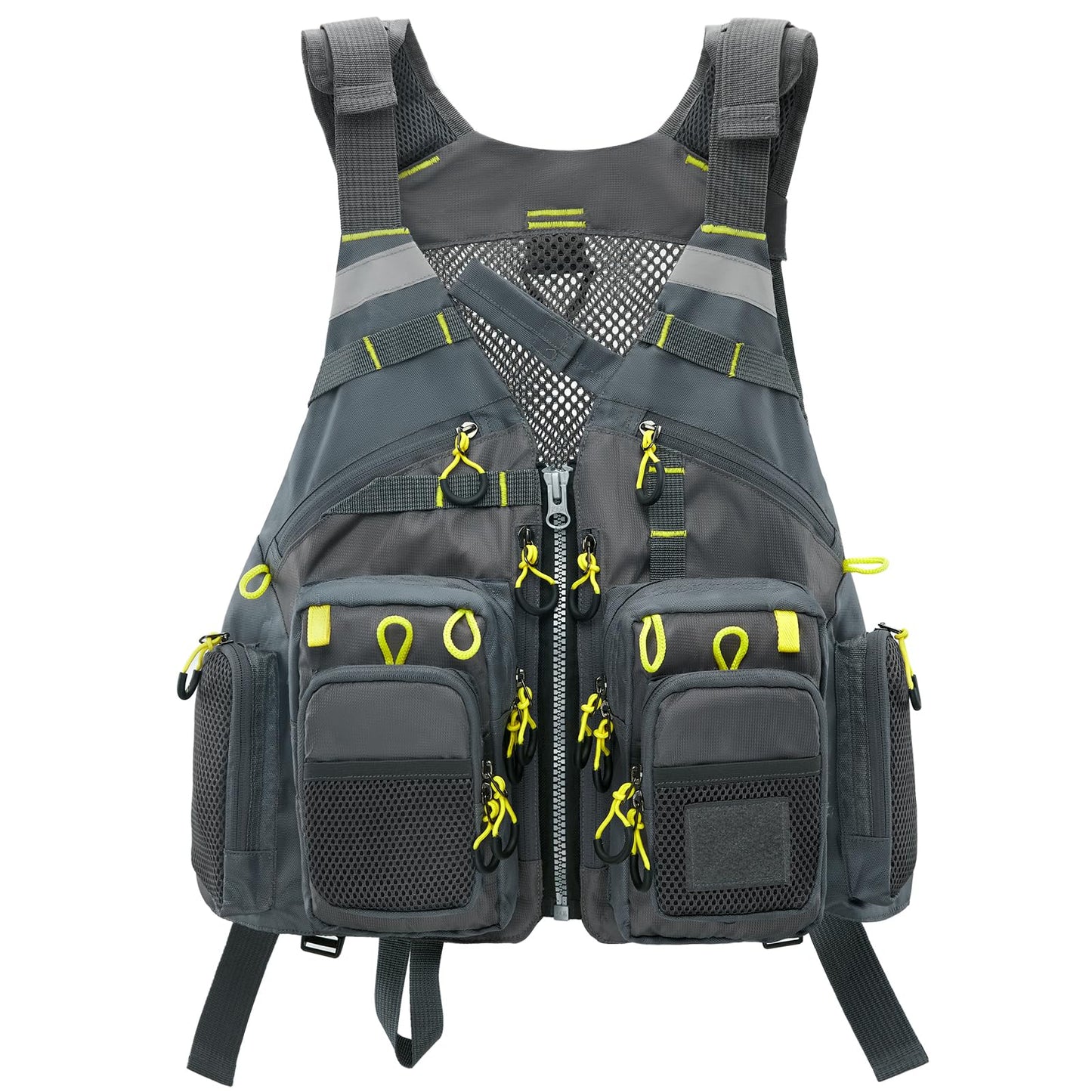 Gonex Fly Fishing Vest for Men Women, Comfortable Adjustable Fishing Vest with Multi-Pockets Reflective Stripes, Gray+Yellow