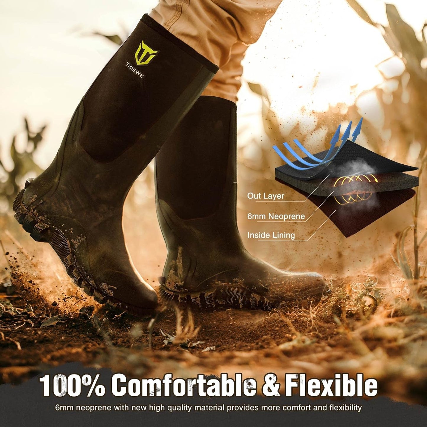 TIDEWE Waterproof Rubber Boots for Men - Multi-Season Outdoor Hunting | 6mm Neoprene, Steel Shank