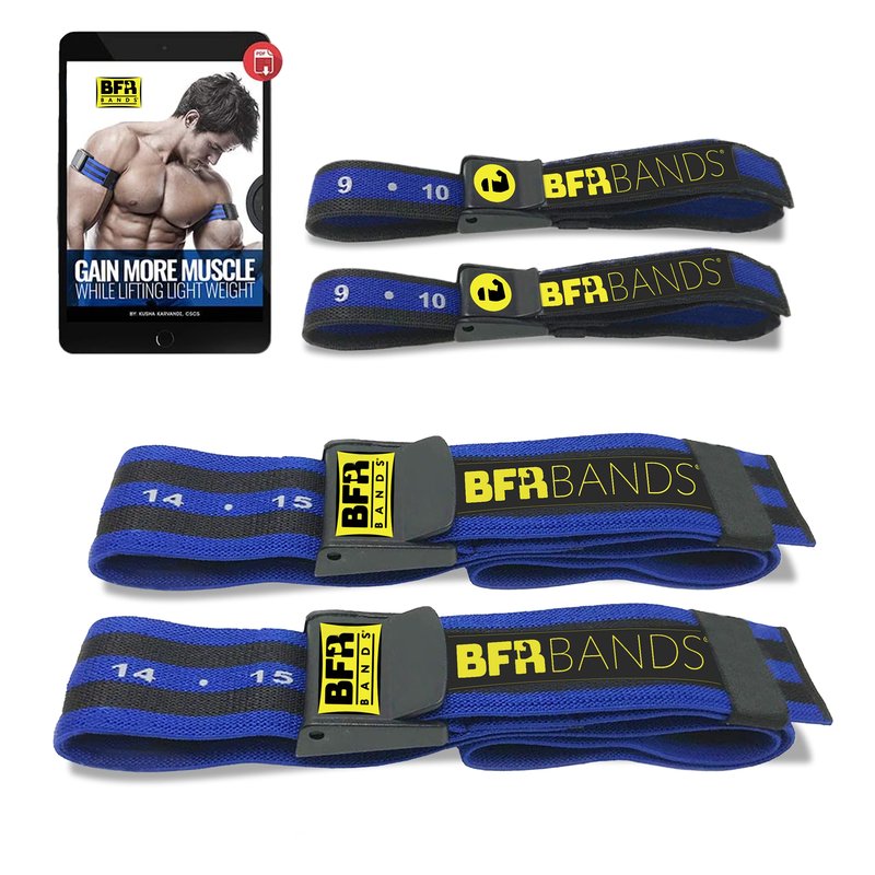 BFR Bands PRO 4-Pack Bundle Blood Flow Restriction Bands for Arms and Legs - Occlusion Training Bands Help You Gain Muscle Without Heavy Weight Lifting, Strong Elastic Strap + Quick-Release