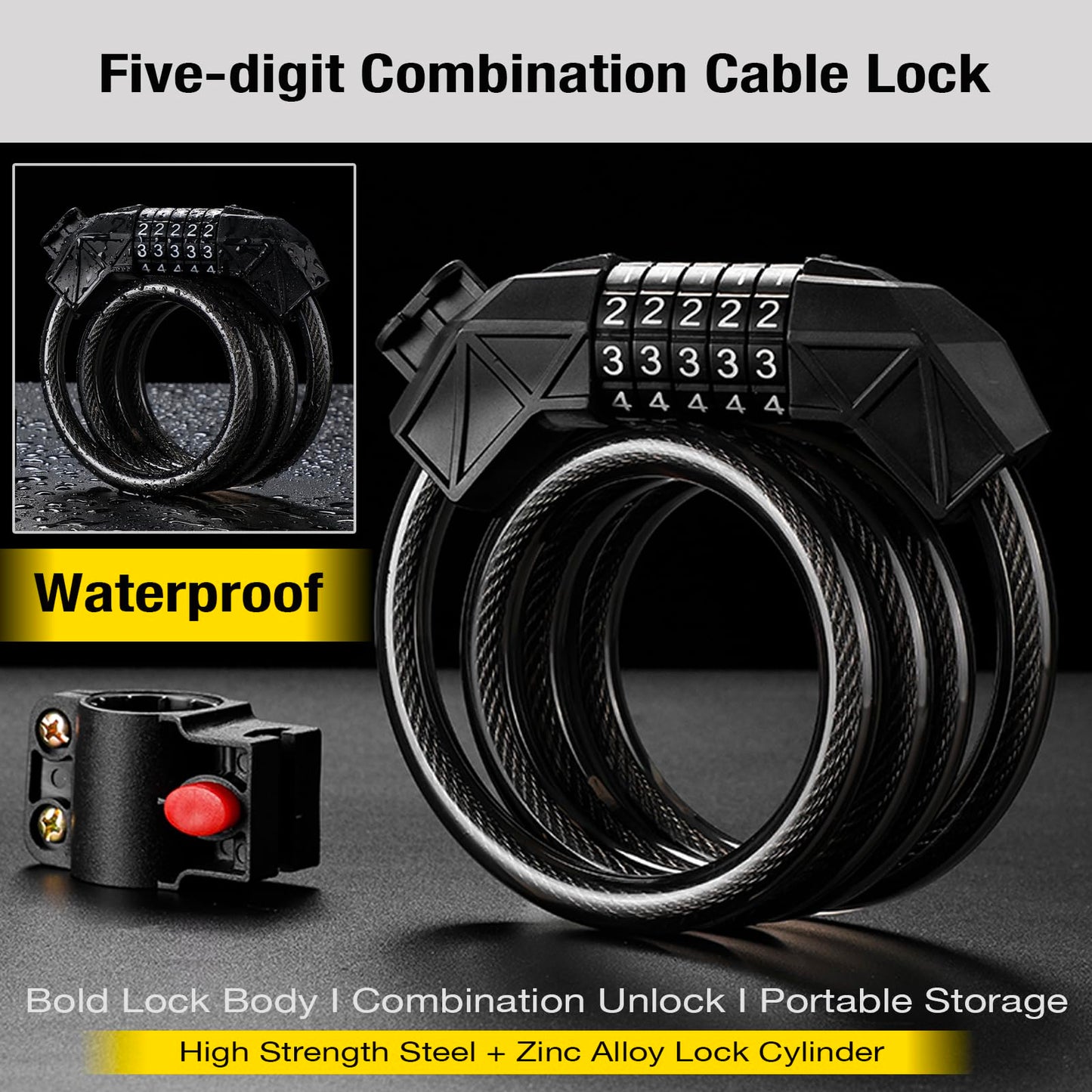 Bike Lock with Mounting Bracket, 4-Feet Bike Cable Basic Self Coiling 5-Digit Resettable Combination Cable Bike Locks, for Bicycle, Motorcycle, Scooter (Black)