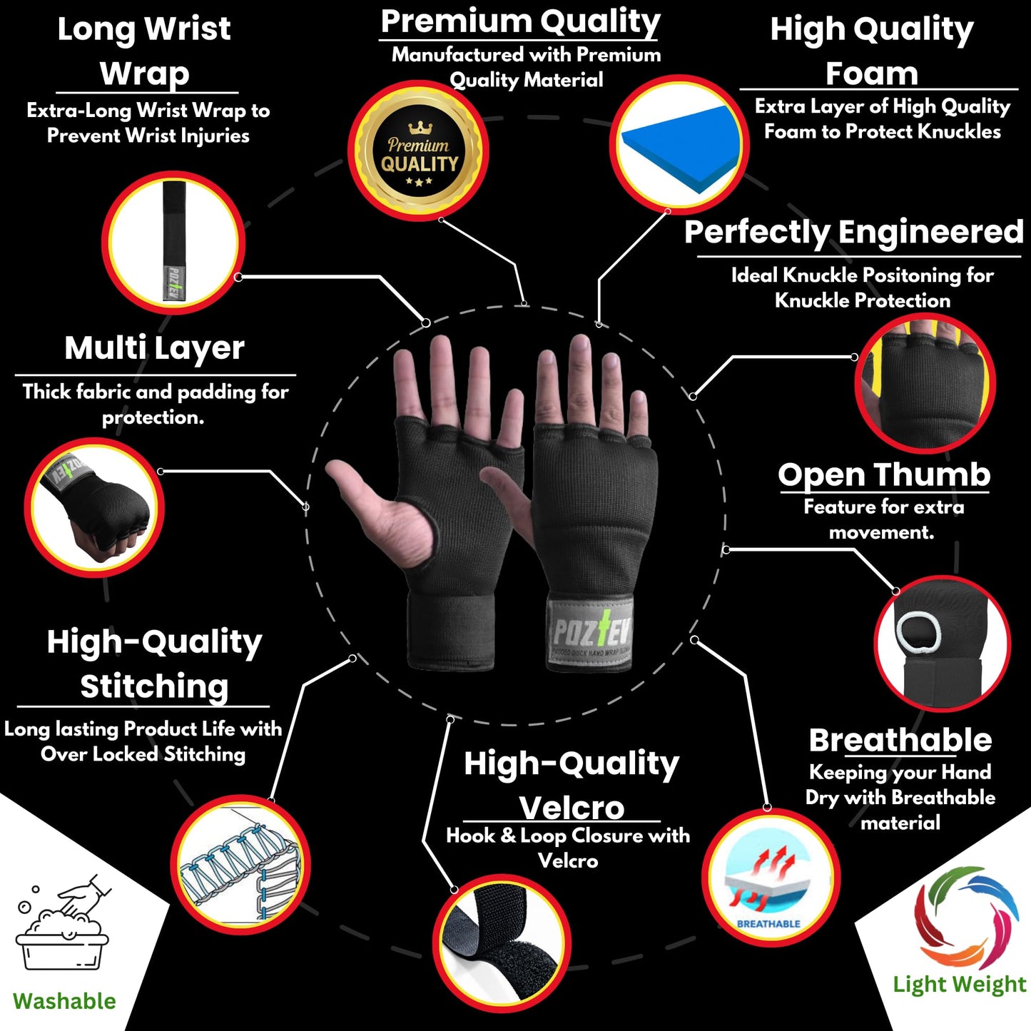 POZTEV Boxing Hand Wraps for Men & Women - Boxing Quick Wraps Inner Gloves Kickboxing Handwraps for Boxing Gloves Gear Knuckle Support Elastic Wrist Straps for Training MMA Shadowboxing Muay Thai