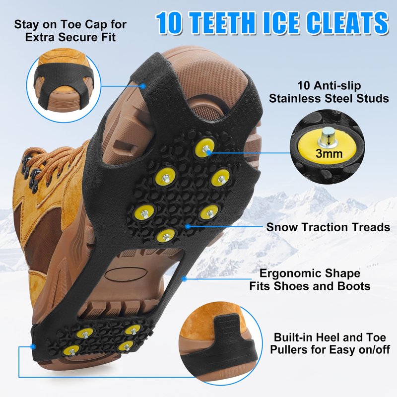 Ice Cleats Snow Traction Cleats Crampons for Shoes and Boots Anti Slip Rubber Snow Cleats Overshoe Footwear Protable Grippers for Walking on Snow and Ice Men Women Hiking Climbing Ice Fishing