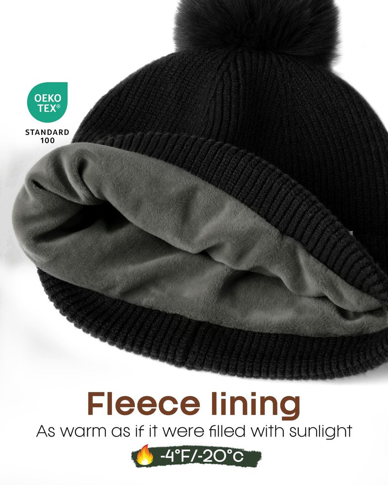 FURTALK Pom Pom Winter Hats for Women Fleece Lined Slouchy Warm Beanie Skull Cap Black