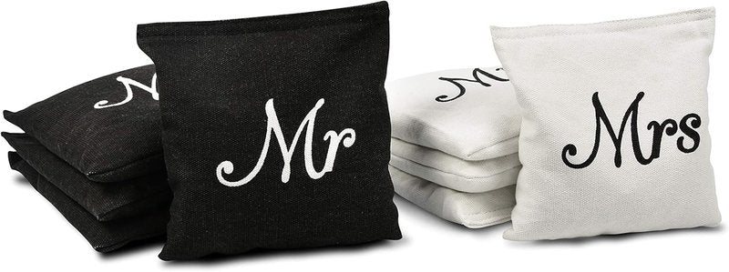 Wedding Cornhole Bag Set - 4 Black Mr Bags & 4 White Mrs Bags | Perfect for Wedding Games
