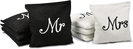 Wedding Cornhole Bag Set - 4 Black Mr Bags & 4 White Mrs Bags | Perfect for Wedding Games