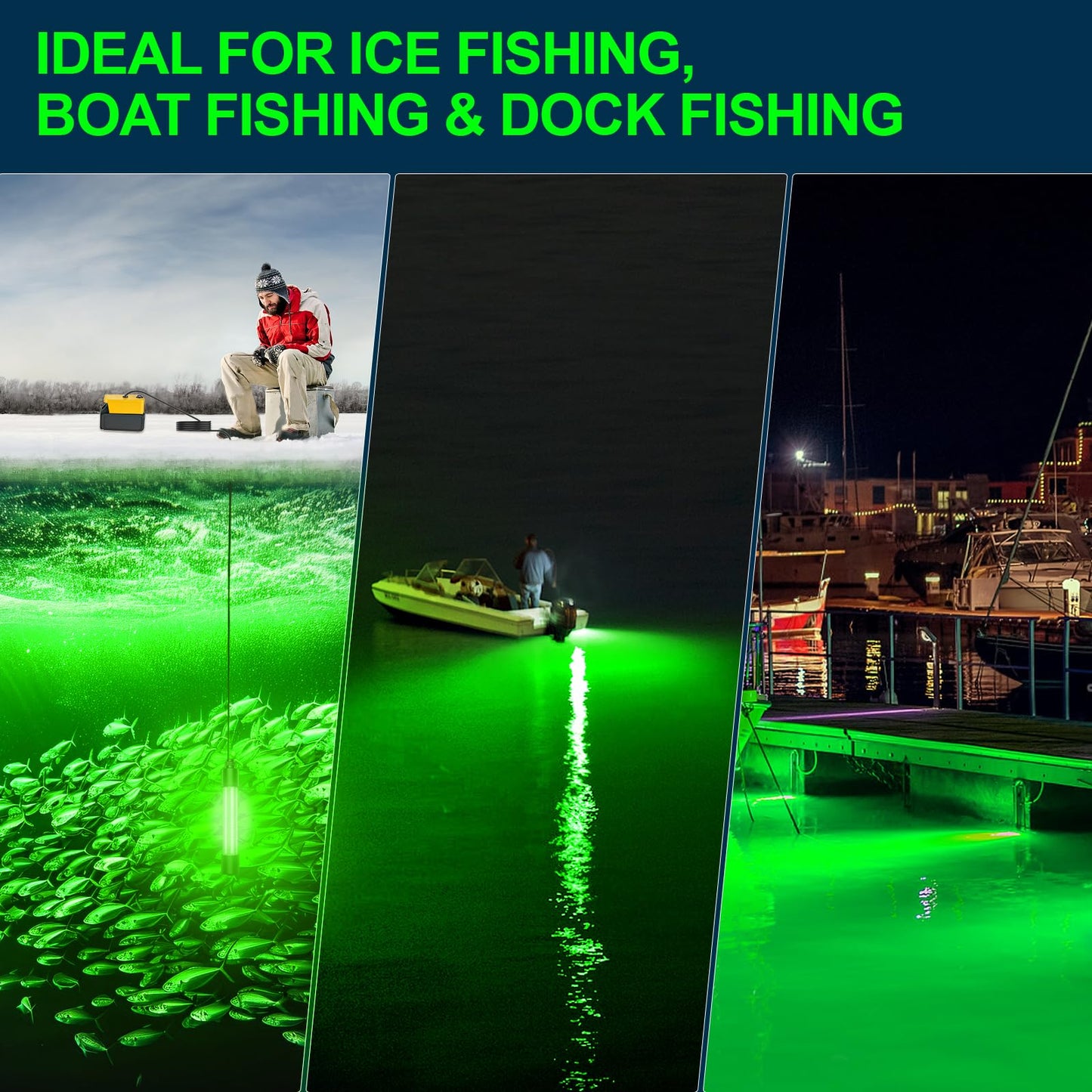LED Underwater Fishing Light Compatible with for DeWalt 20V Battery（Battery Not Included）, 3000 Lumens, IP68 Waterproof Submersible Green Fish Attractor Light for Night/Ice/Boat Fishing