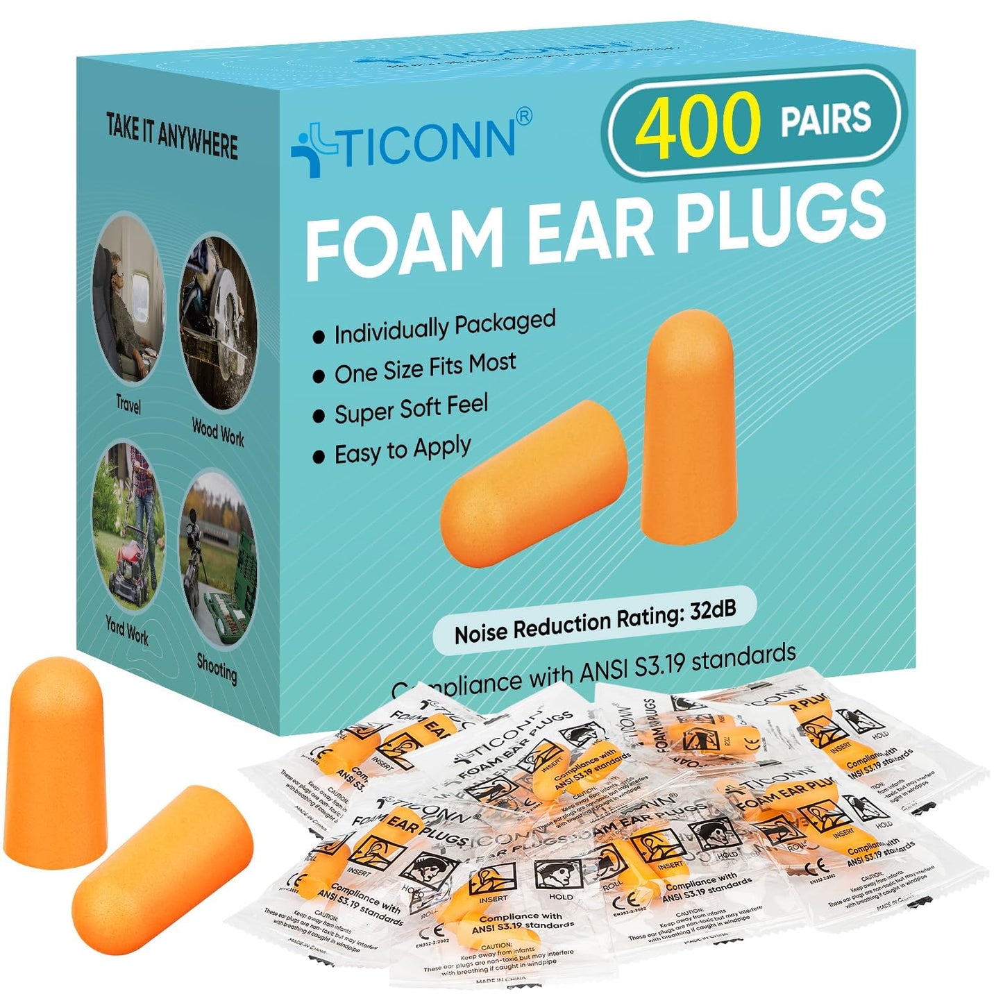TICONN 400 Pairs Foam Ear Plugs, Hunting Earplugs Individually Wrapped 32dB NRR Noise Reduction Ear Plugs for Sleeping Fishing Passive Hearing Protection Travel Study Concentration (400 Pairs)