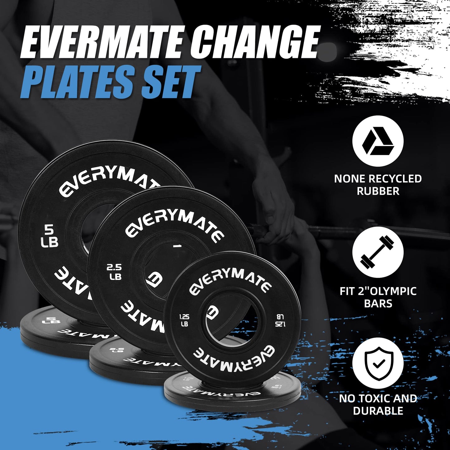 EVERYMATE Black Change Weight Plates 1.25LB 2.5LB 5LB Combo Set Fractional Plate Olympic Bumper Plates for Cross Training Bumper Weight Plates Steel Insert Strength Training Weight Plates