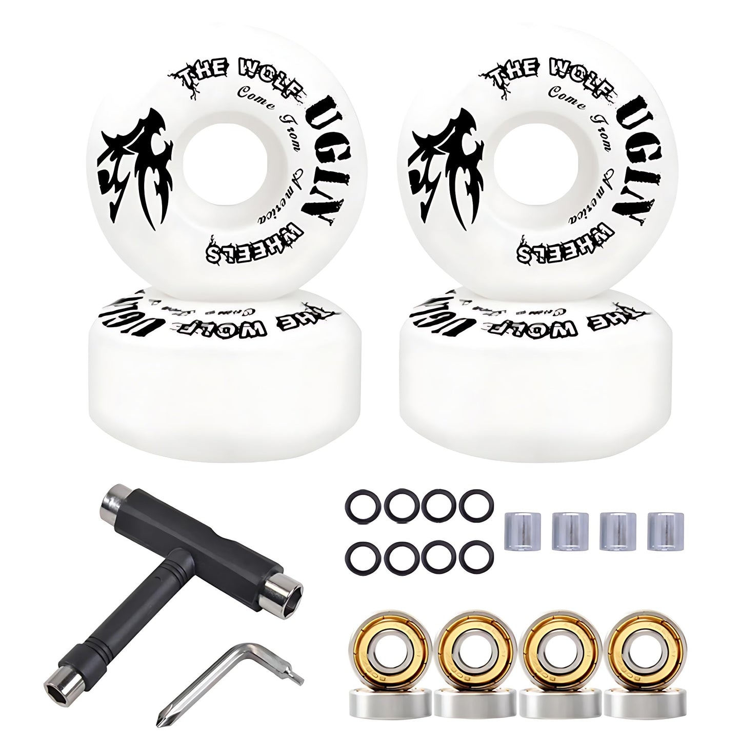 LONTOHCE Skateboard Wheels 52mm 95A with Tool Set, Skateboard Wheel Bearings,Skateboard Tools Washers, Freestyle Skateboard Wheel Tips Street Skateboard (White)