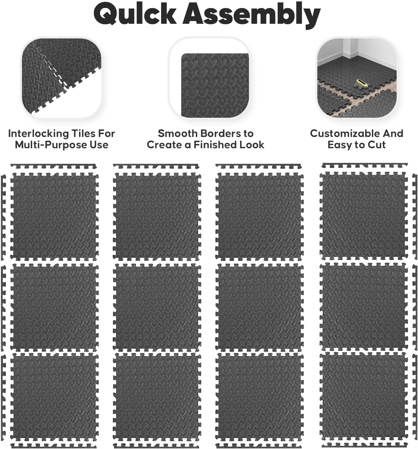 Puzzle Exercise Mat - EVA Interlocking Foam Floor Tiles for Home Gym & Kids' Play Areas | 24x24 in, Black, 16 Tiles (64 SQ FT)