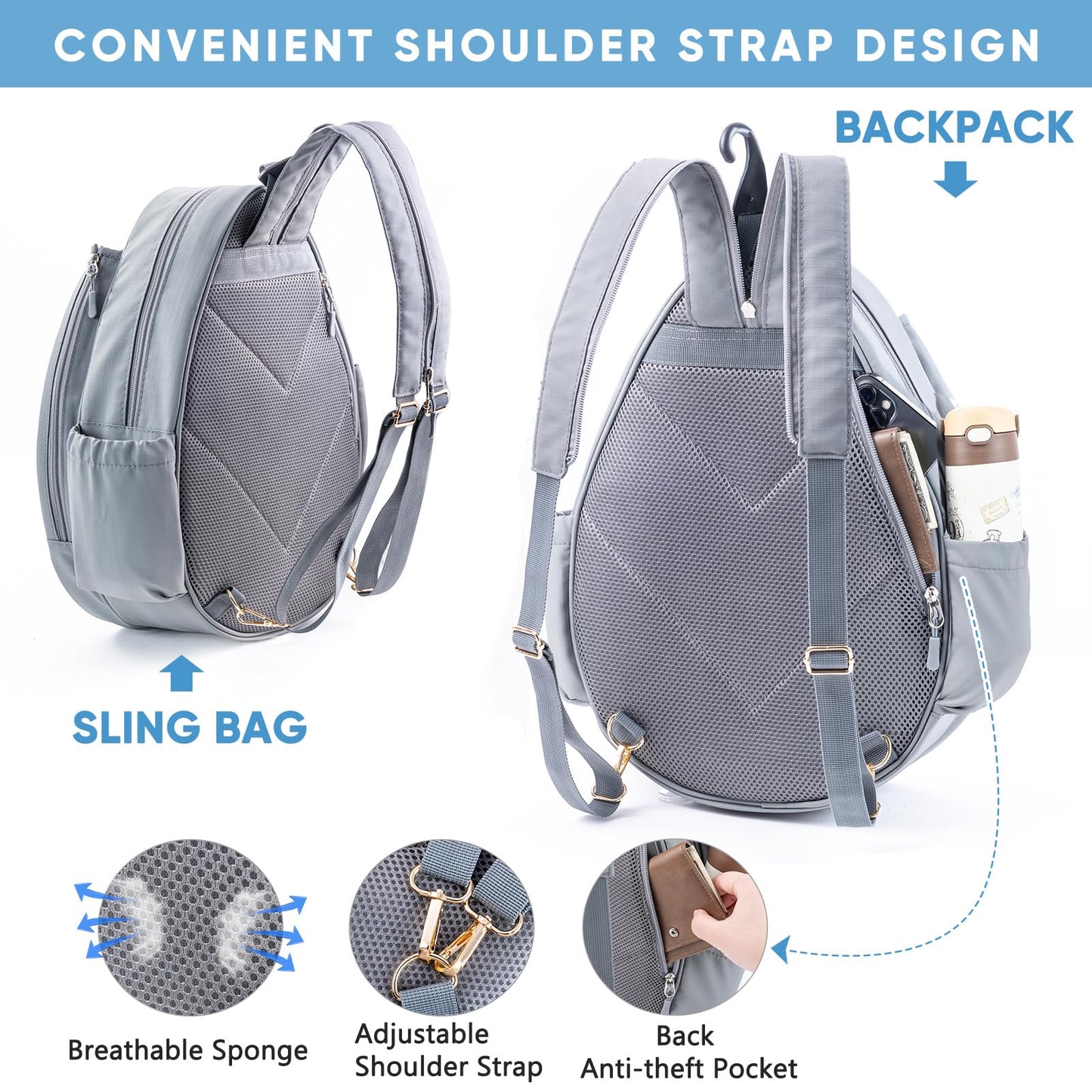 SPORJET Tennis Backpack with 2 Rackets Holder, Water-Resistant PU Leather Tennis Racket Bag for Women & Men, Sling Crossbody Sports Backpack for Tennis, Pickleball & Badminton, Tennis Gifts