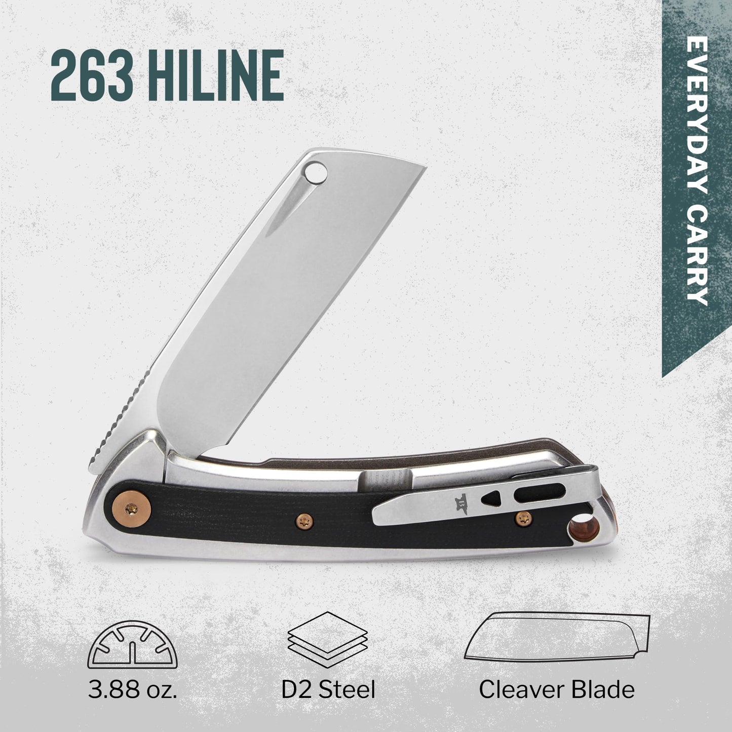 Buck Knives 263 HiLine Folding EDC Knife, 3.22” Pocket Knife Cleaver Blade, Aluminum Handle, D2 Steel Cleaver Folding Blade, Gray/Black, 3.88 oz