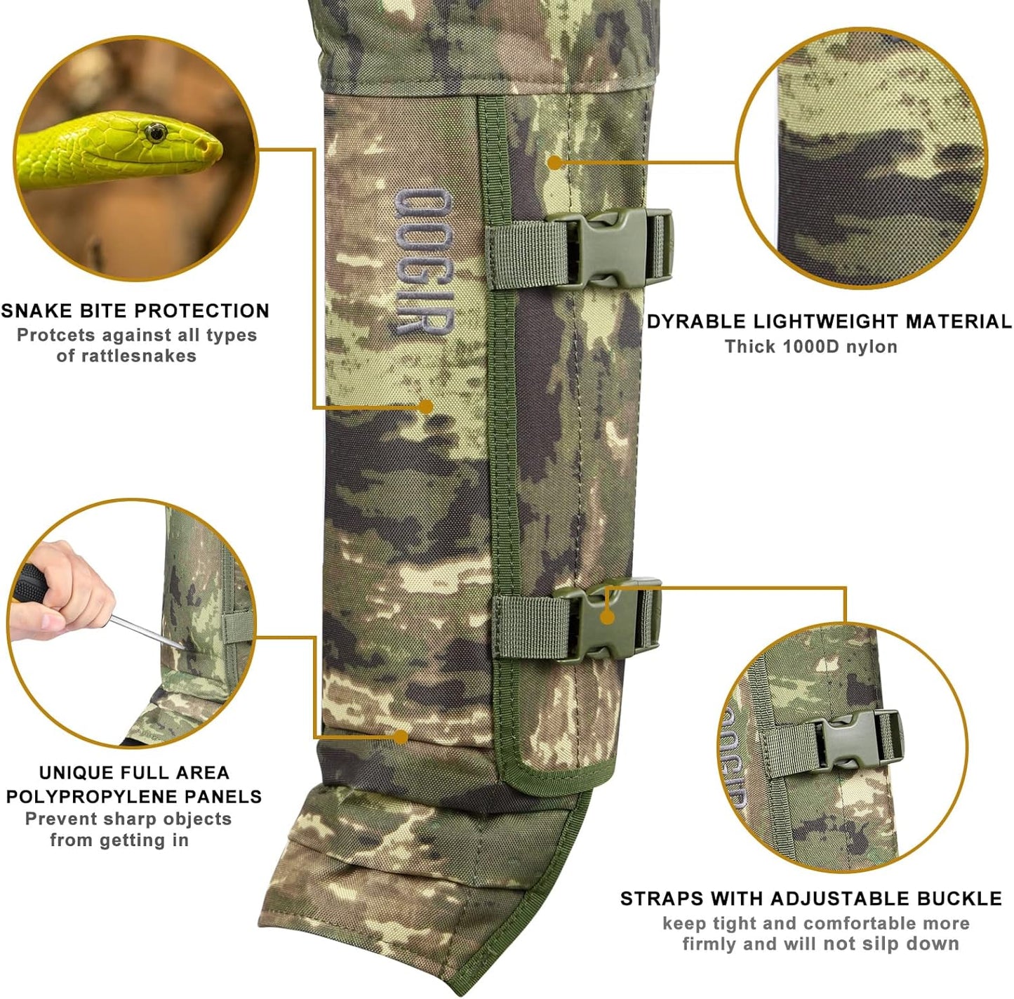 QOGIR Snake Gaiters - Full Protection Against Snake Bites | Long Fit Camo & Short Fit Mud Options