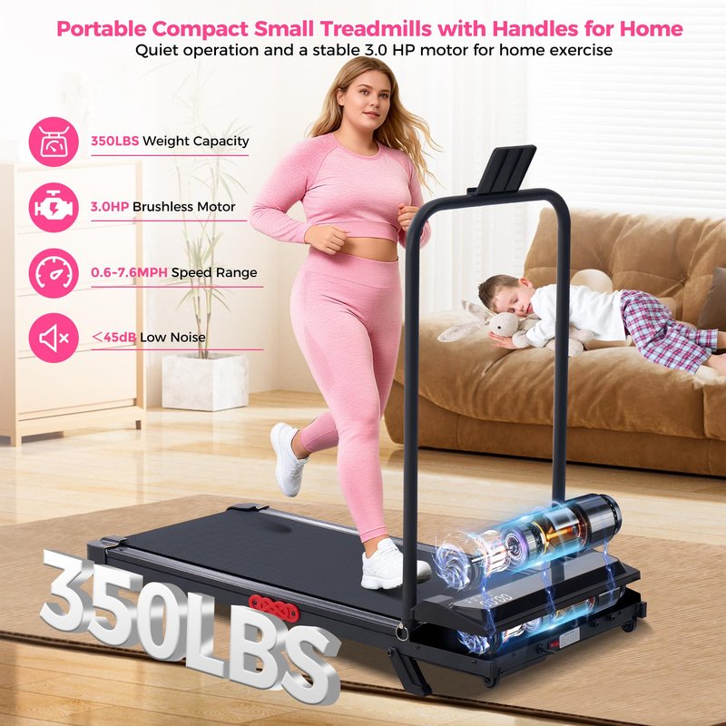 Walking Pad with Incline and Handle Bar, 2026 Upgrade Electric Small Walking Pads Treadmills with Handles, Compact Treadmill with Handles for Home Small Spaces, 3.5HP, 0.6-7.6MPH, 350LBS