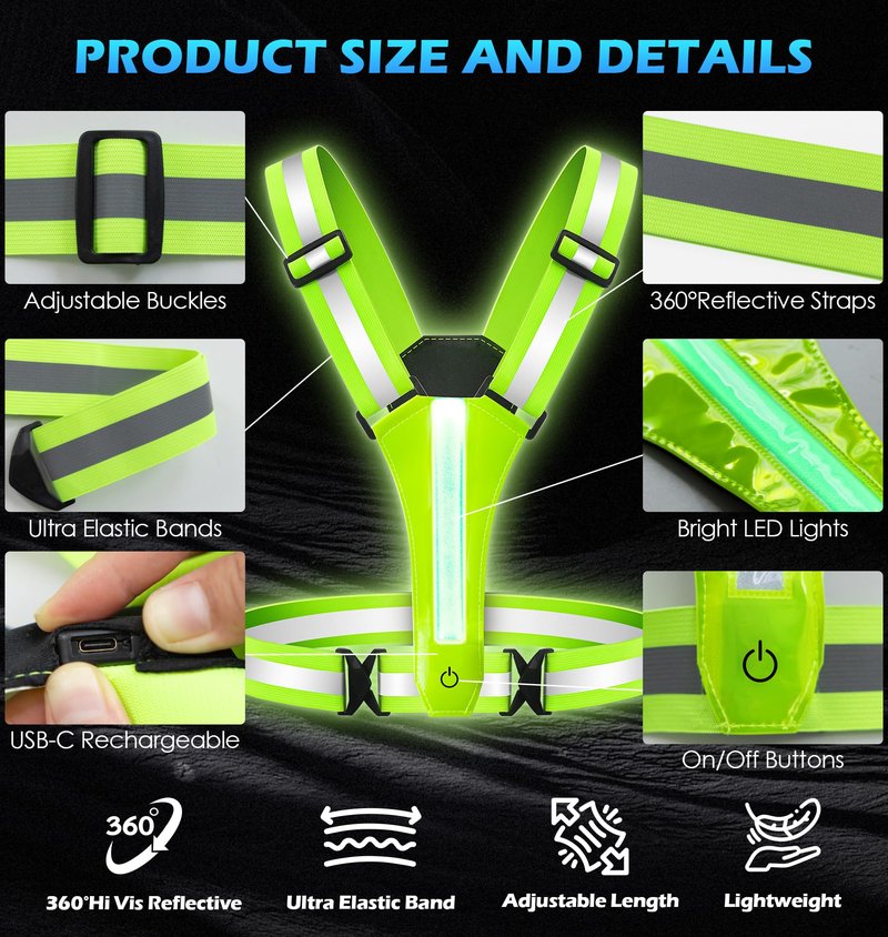 Topward LED Reflective Vest Running Gear, 8 Lights Colors Illuminated, USB-C Rechargeable, High Visibility Safety Vest with Adjustable Waist/Shoulder, Light Up Vest for Night Dog Walking Cycling