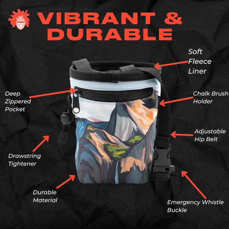 GNARLY DOOD Yosemite Rock Climbing Chalk Bag | for Outdoor, Gym, & Bouldering | Adjustable Waist Belt, Durable Drawstring Closure, & Zippered Pocket
