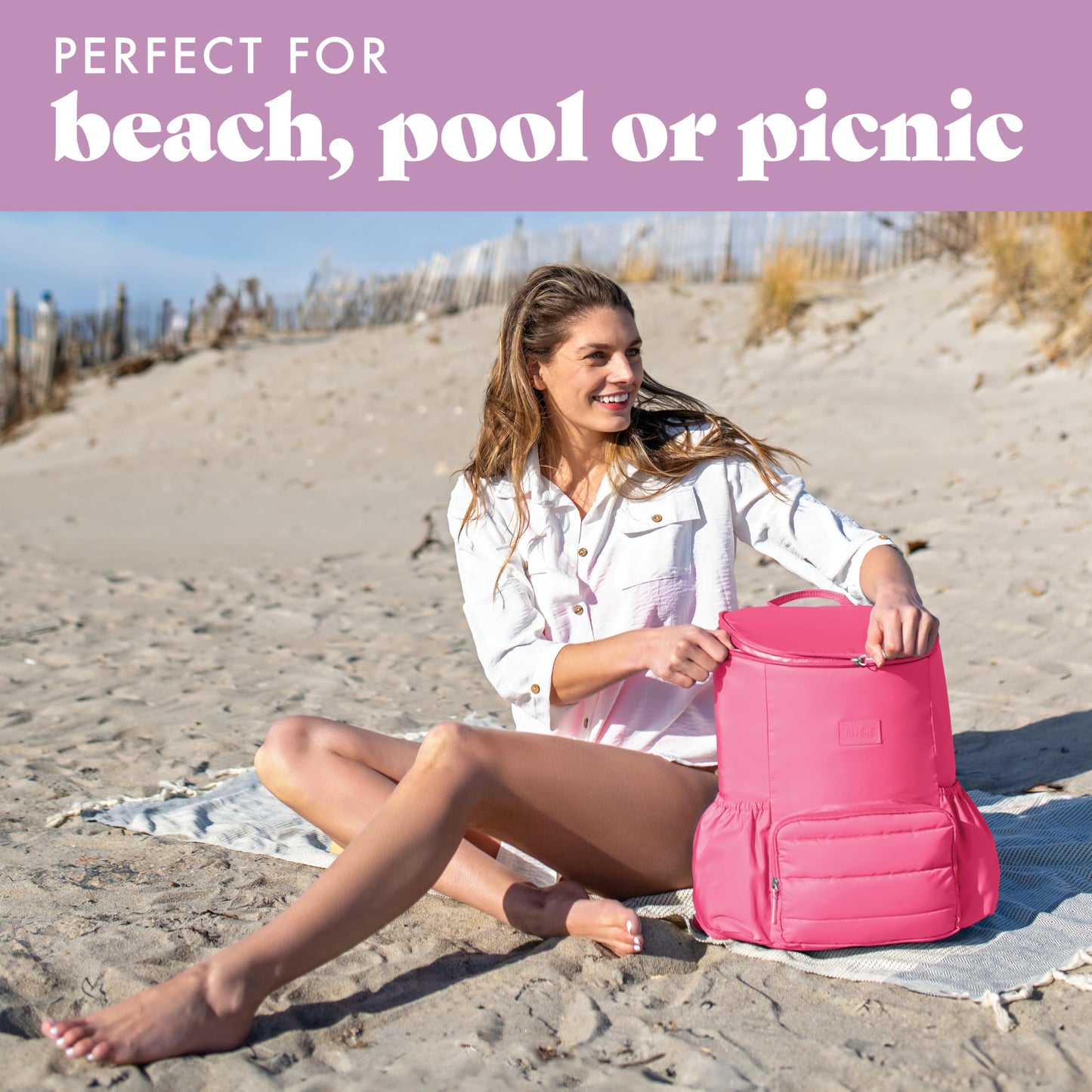 Fit & Fresh Insulated Backpack Soft Cooler – Leak-Resistant, Beach & Travel Bag for Women, 24 Can Capacity Picnic & Cooler Bag, Hot Pink