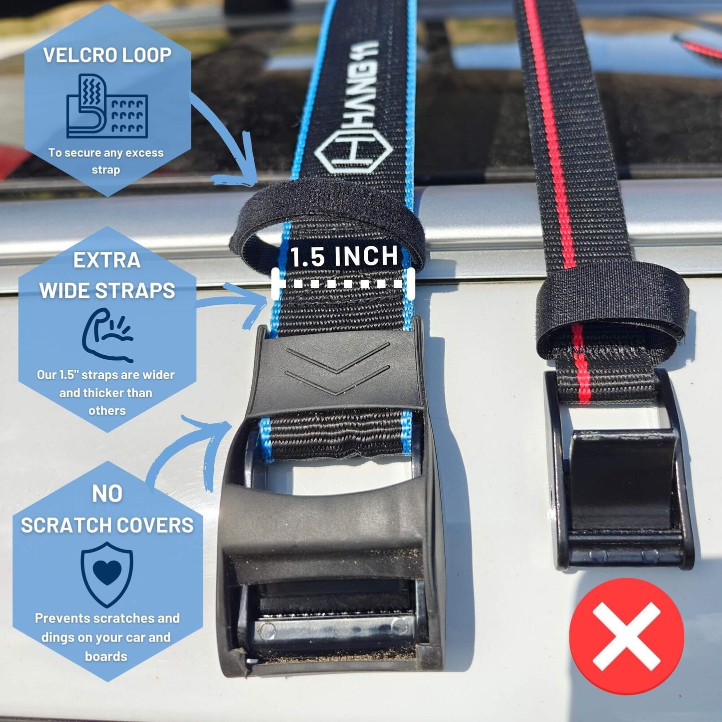 Hang 11 Surfboard Tie Down Straps for Roof Rack, Extra Long (15ft) & Wide (1.5"), No-Scratch Silicone Buckles, Surfboard Straps for Roof Rack, Ideal to Secure a Paddle Board Kayak Canoe SUP on a Car