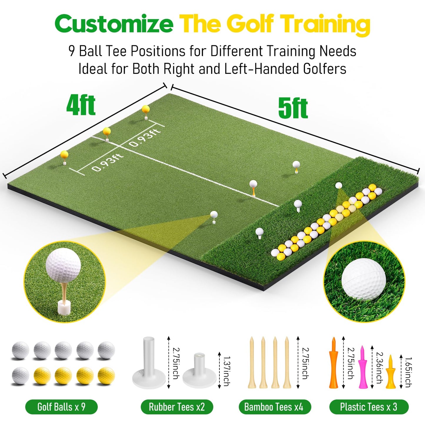 Golf Mat with Ball Tray, 5x4ft Dual Turf Golf Hitting Mats Practice Outdoor Indoor for Backyard Driving Range Simulator Mat, Golf Chipping Swing Training Aid Mat with 10 Golf Balls 9 Tees