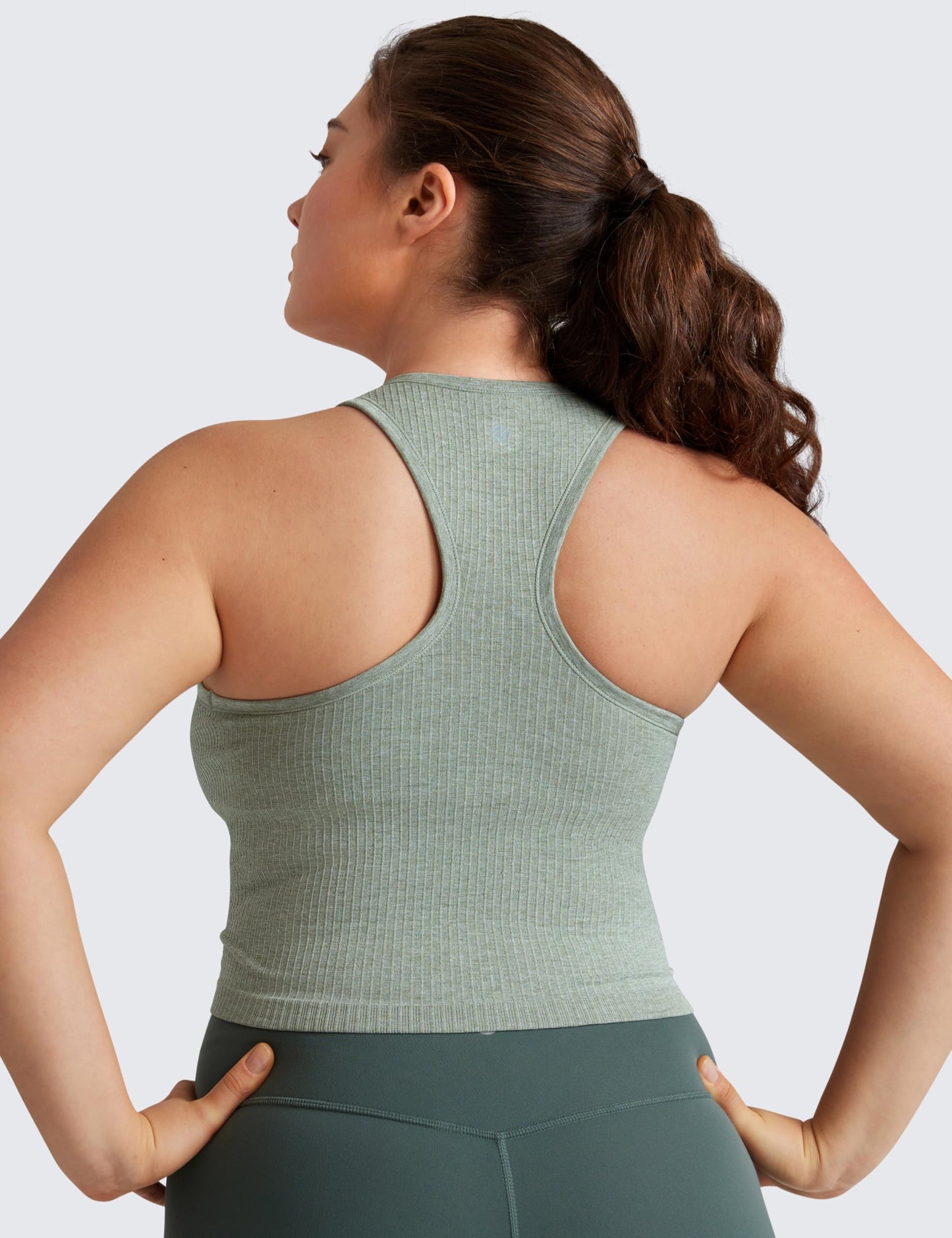 CRZ YOGA Seamless Ribbed High Neck Crop Tank Tops for Women - Longline Racerback Padded Sports Bras Dark Green Heather Medium