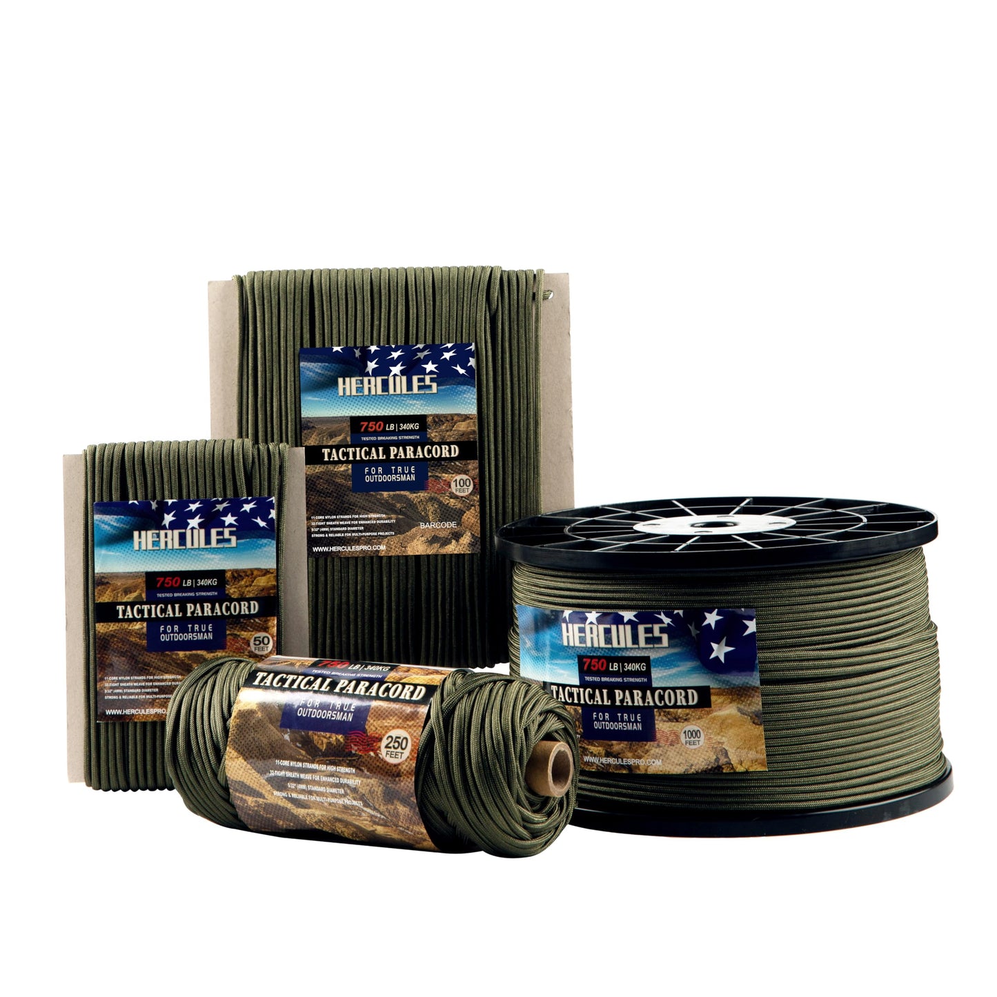 HERCULES 750lb Paracord 4mm 11 Strands Tactical Parachute Cord, 50' 100' 250' 1000' Utility Rope for Camping, Survival, Outdoor Gear (Army Green, 50FT)