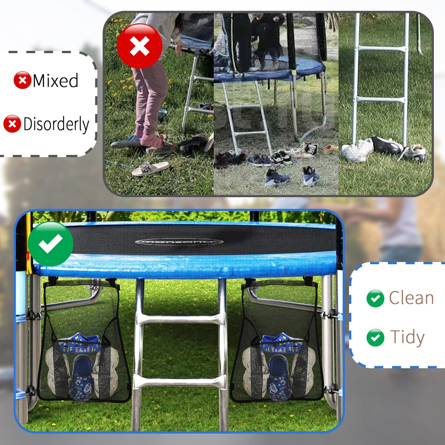 2 Pieces Trampoline Shoes Bag, Black Trampoline Storage Mesh Bag with 2 Hook and Loop Strap, Trampoline Shoe Holder, Indoor Fitness Shoes Organizer, Trampoline Equipment Bag Trampoline Accessories